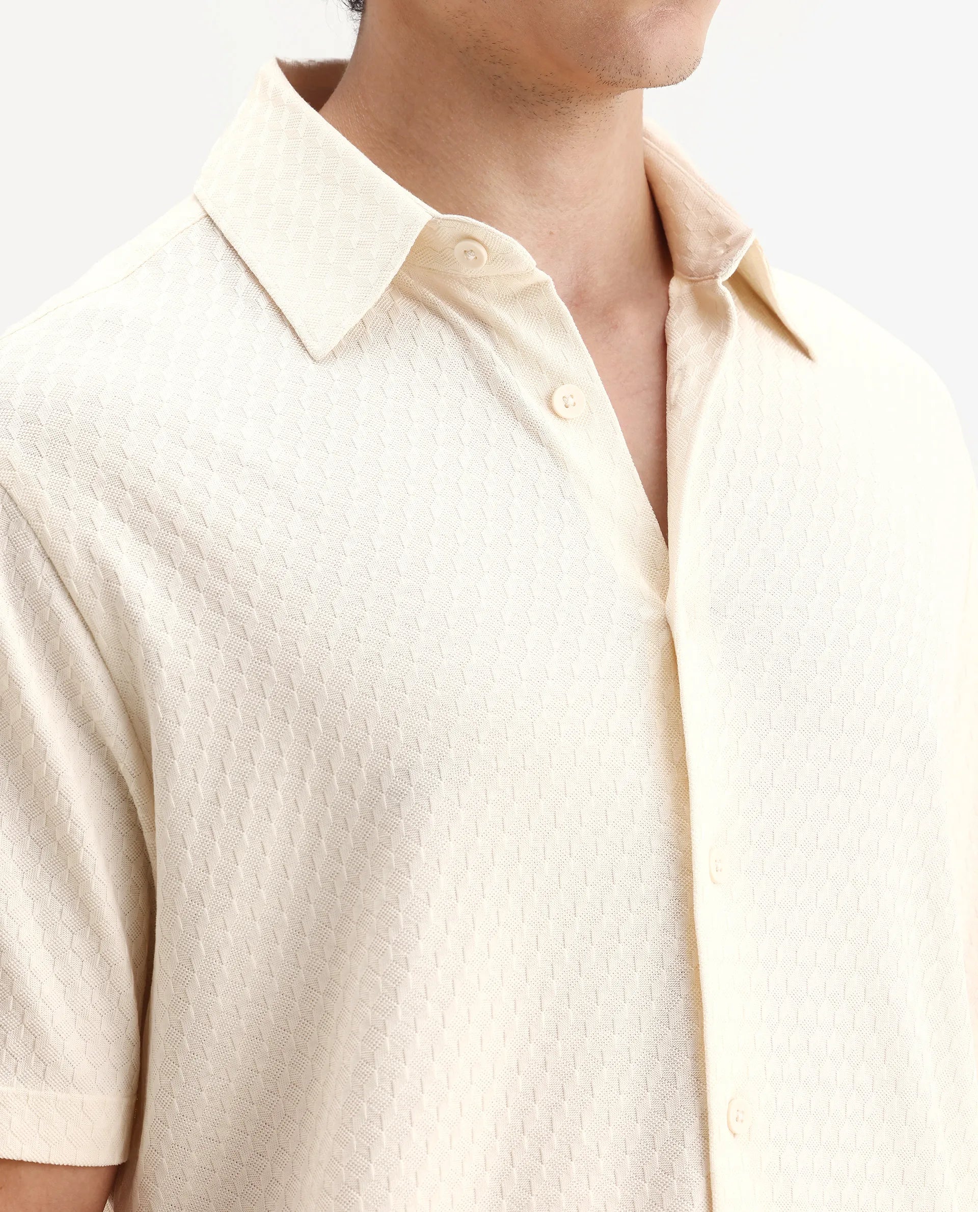 Rare Rabbit Men's Borp Beige Cotton Plain Relaxed Fit Half Sleeve Collared Shirt