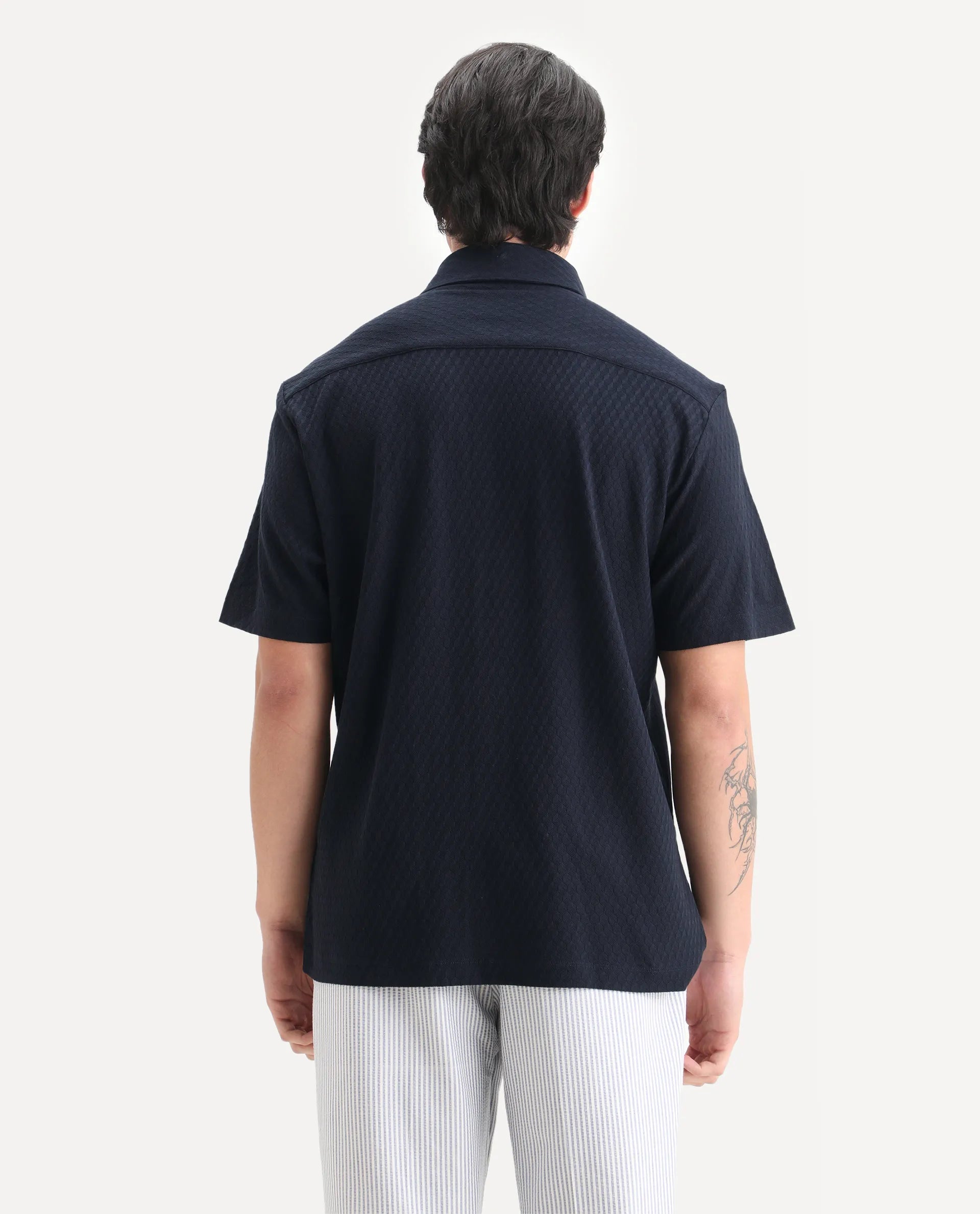 Rare Rabbit Men's Borp Dark Navy Cotton Plain Relaxed Fit Half Sleeve Collared Shirt