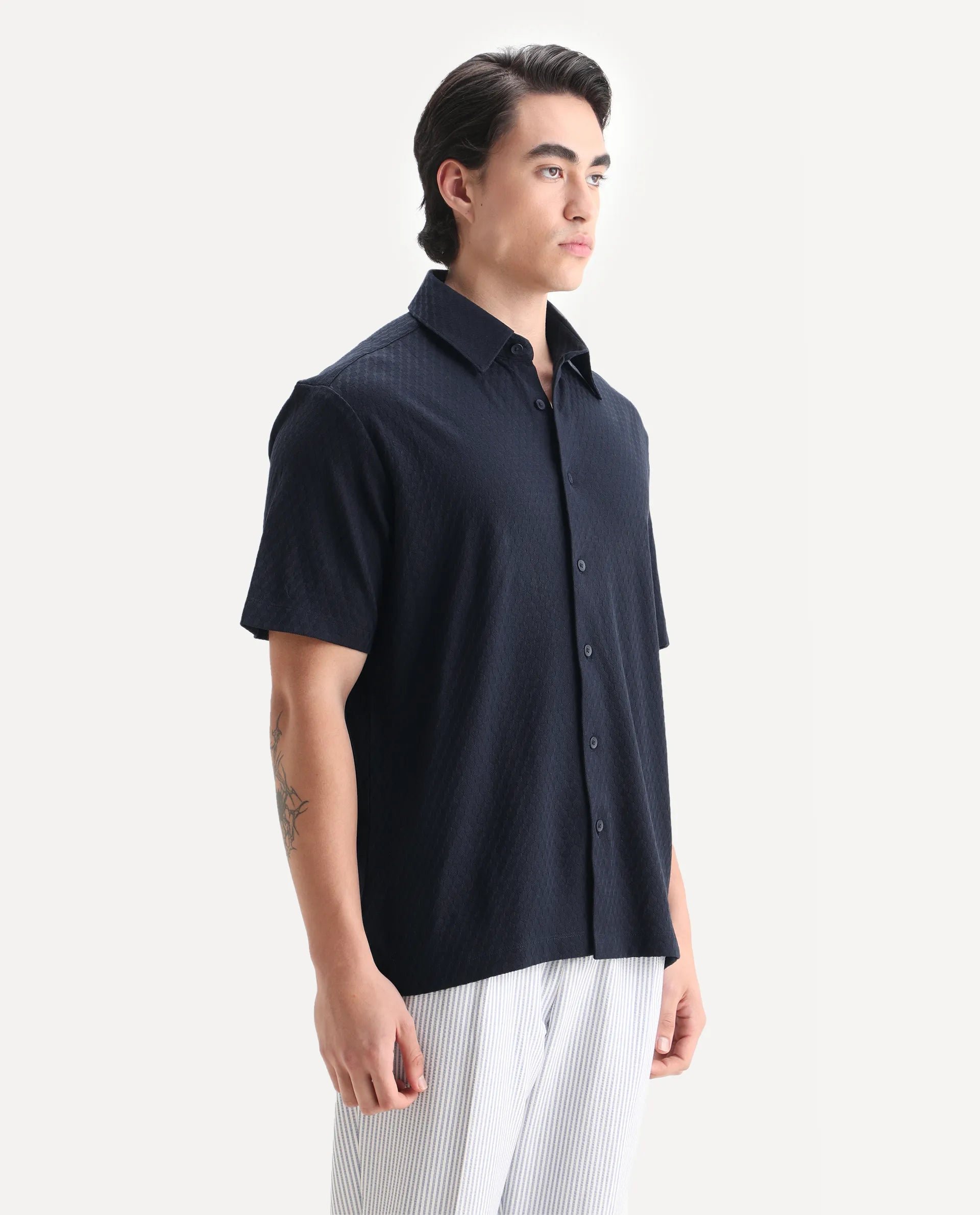 Rare Rabbit Men's Borp Dark Navy Cotton Plain Relaxed Fit Half Sleeve Collared Shirt