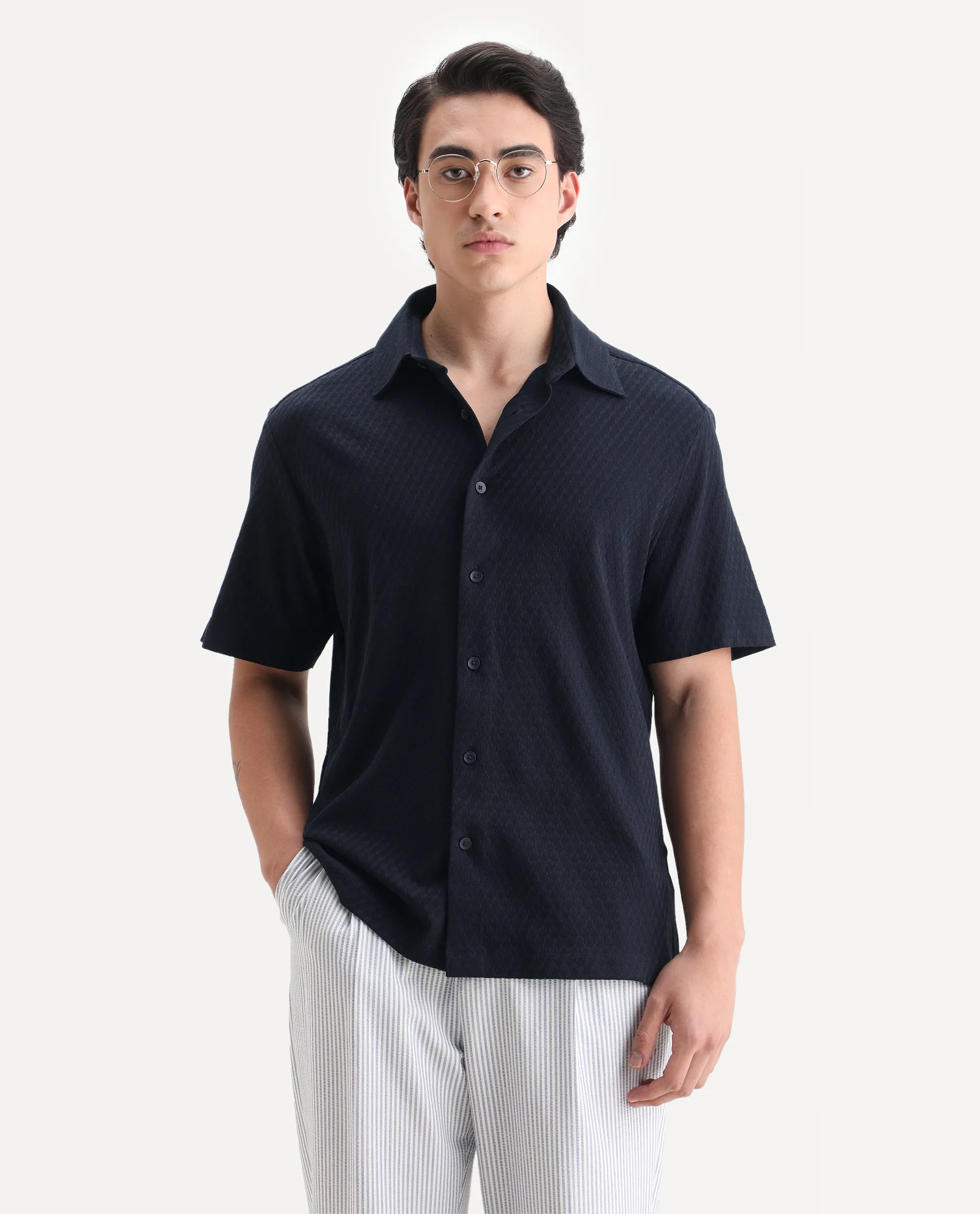 Rare Rabbit Men's Borp Dark Navy Cotton Plain Relaxed Fit Half Sleeve Collared Shirt