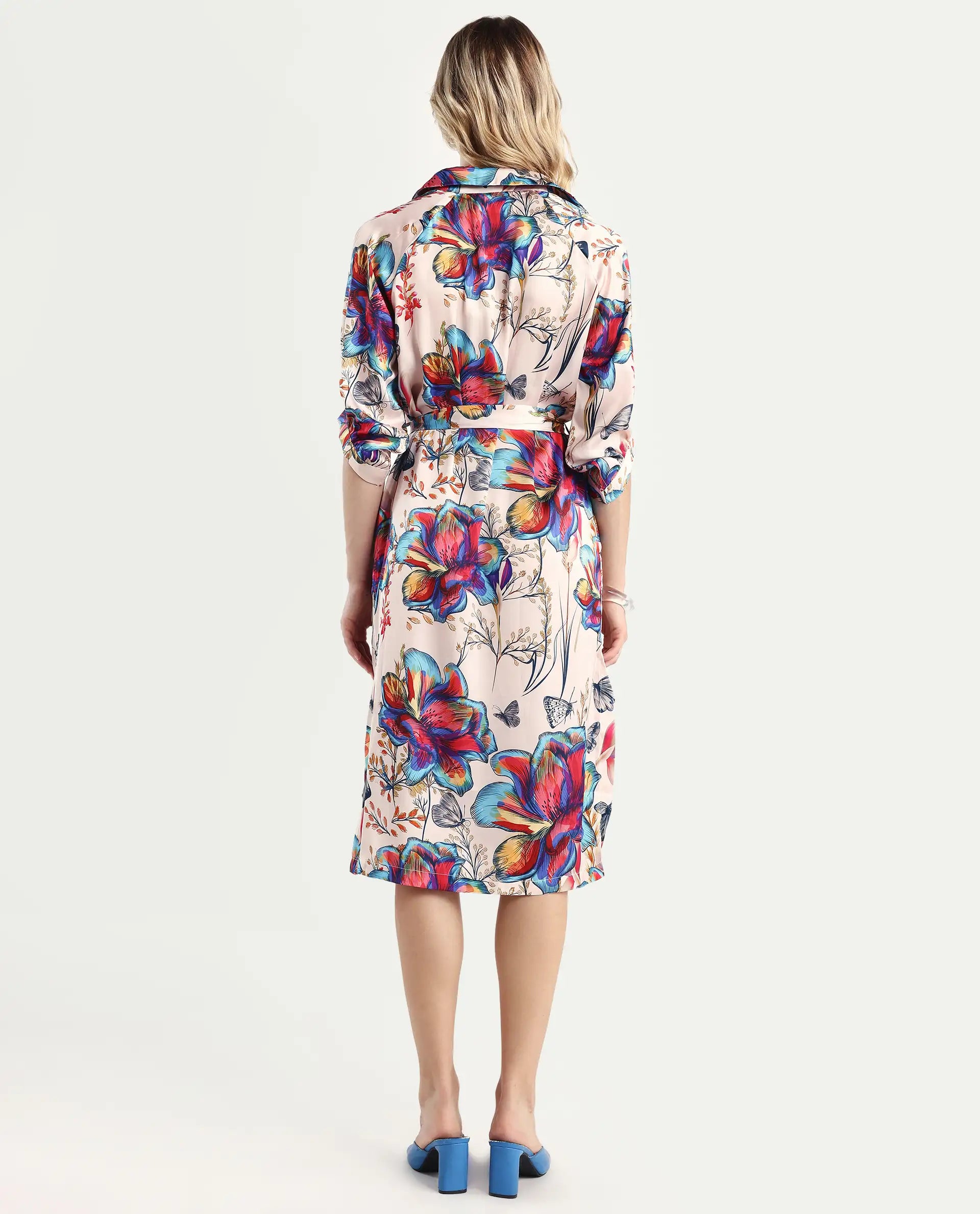 Rareism Women's Borriso Multi Raglan Cotton Blend Drop Collar Floral Print Raglan Sleeve Midi A-Line Dress