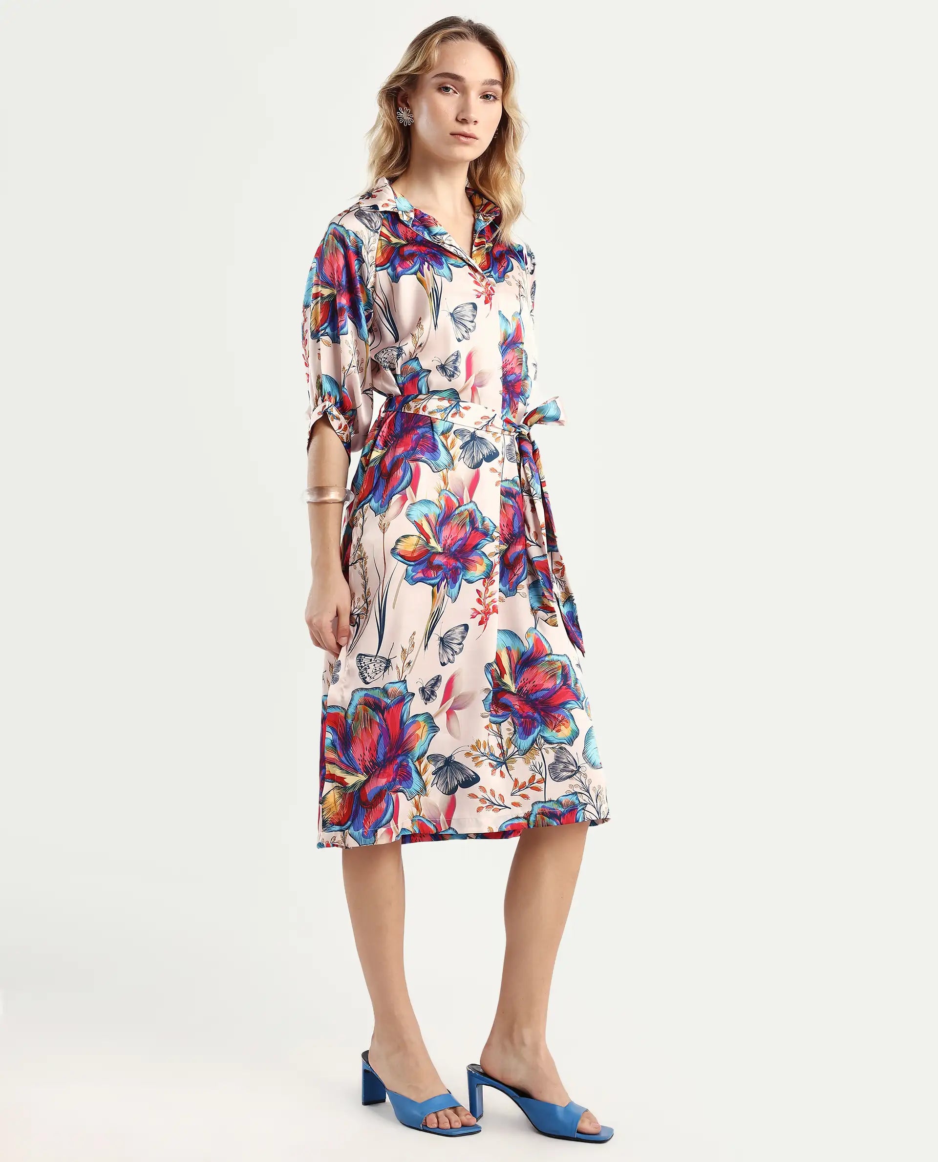 Rareism Women's Borriso Multi Raglan Cotton Blend Drop Collar Floral Print Raglan Sleeve Midi A-Line Dress