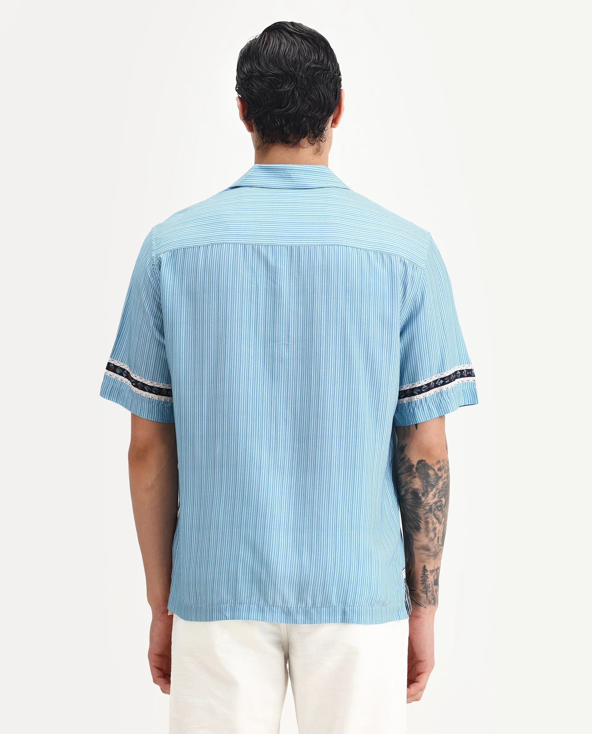 Rare Rabbit Men's Bortan Light Blue Viscose Abstract Print Boxy Fit Half Sleeve Cuban Collar Shirt