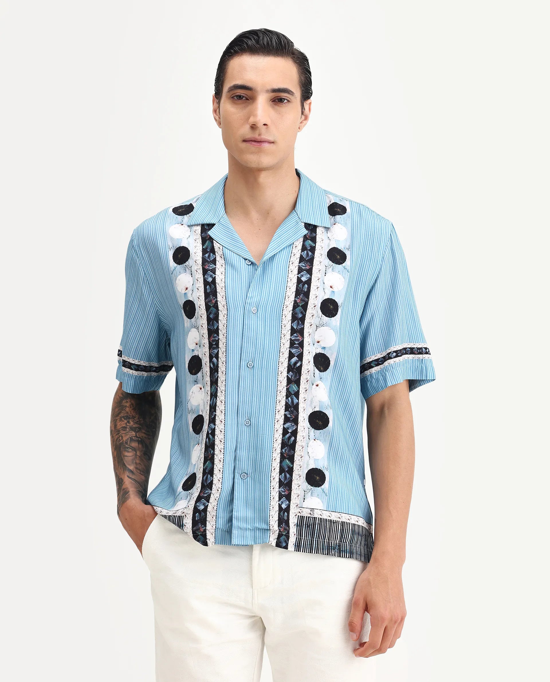 Rare Rabbit Men's Bortan Light Blue Viscose Abstract Print Boxy Fit Half Sleeve Cuban Collar Shirt