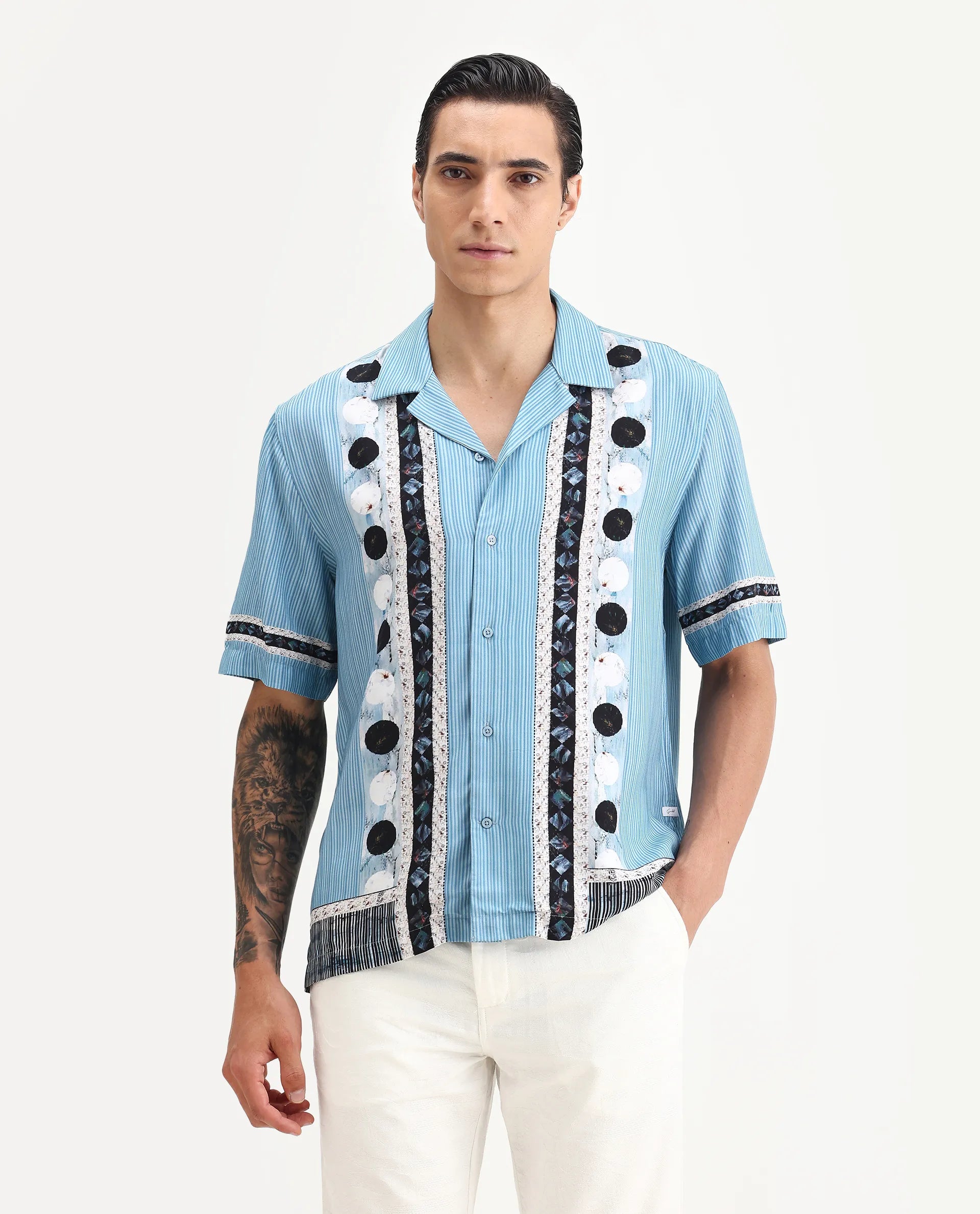 Rare Rabbit Men's Bortan Light Blue Viscose Abstract Print Boxy Fit Half Sleeve Cuban Collar Shirt