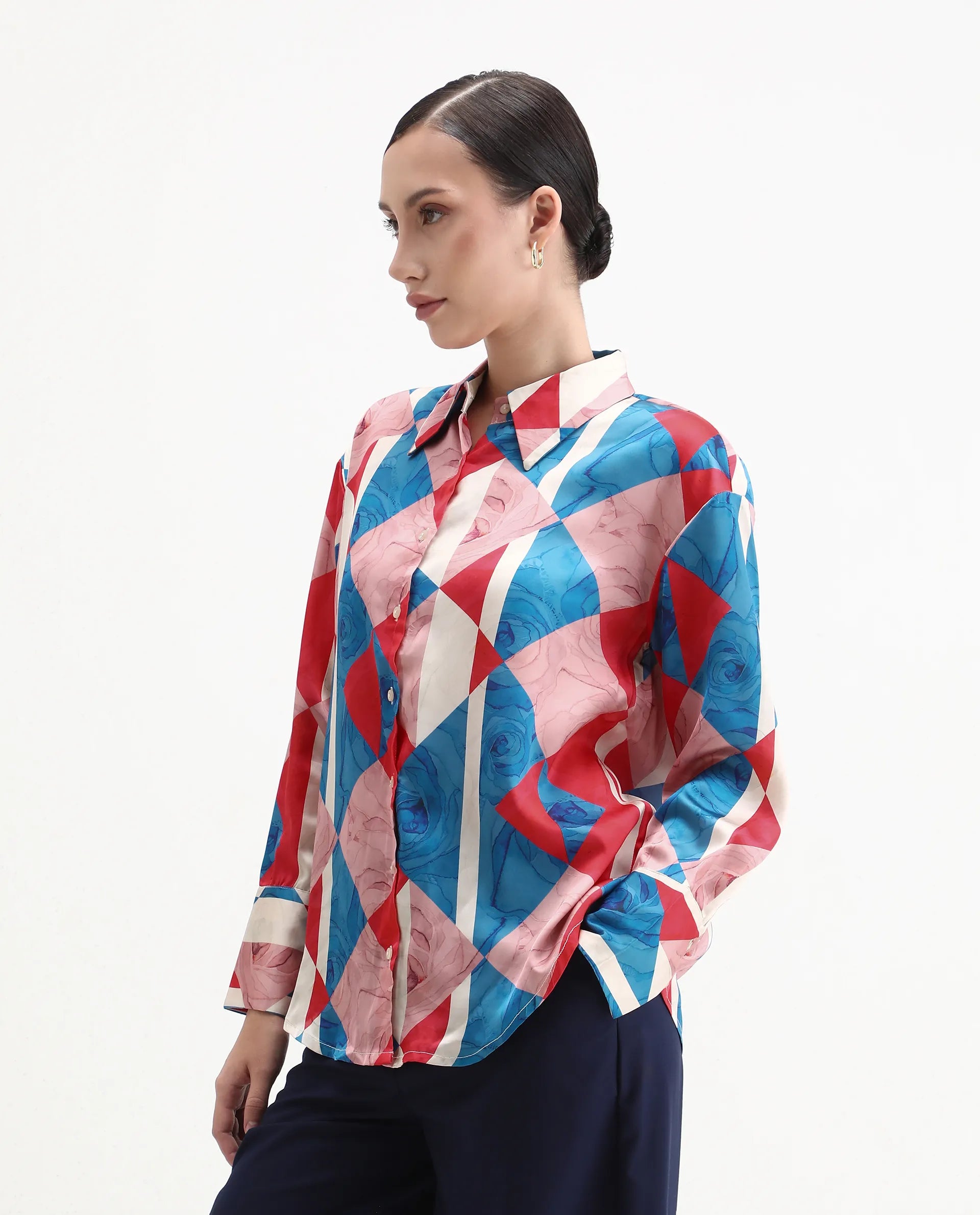 Rareism Women's Bosin Multi Cotton Drop Collar Geometric Print Cuffed Sleeve Regular Fit Top