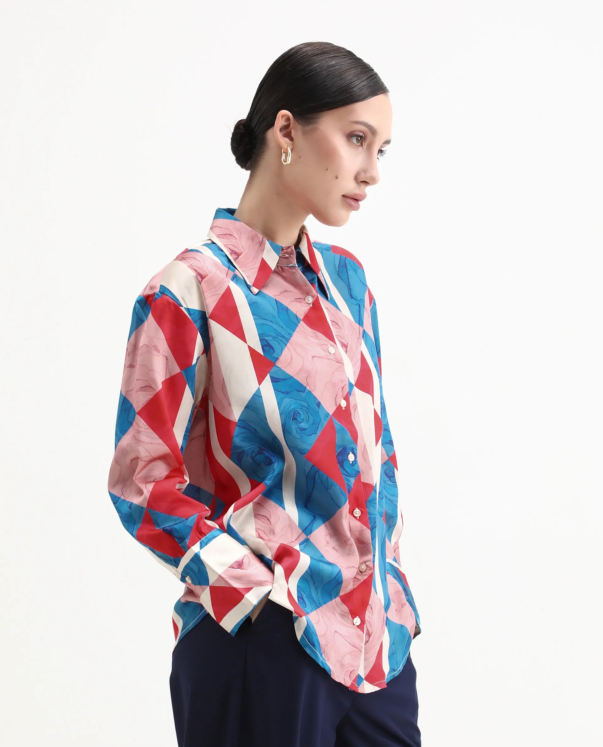 Rareism Women's Bosin Multi Cotton Drop Collar Geometric Print Cuffed Sleeve Regular Fit Top