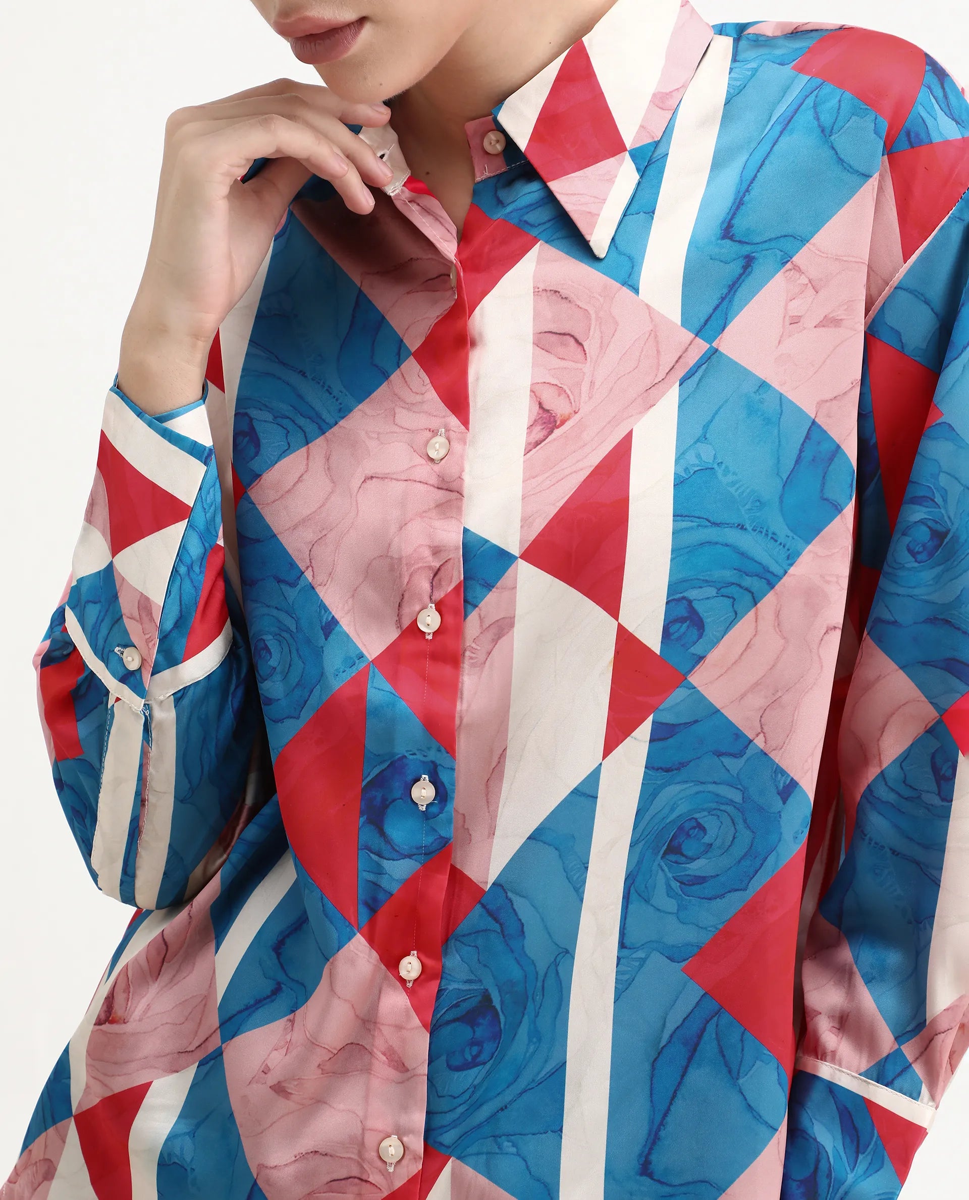 Rareism Women's Bosin Multi Cotton Drop Collar Geometric Print Cuffed Sleeve Regular Fit Top