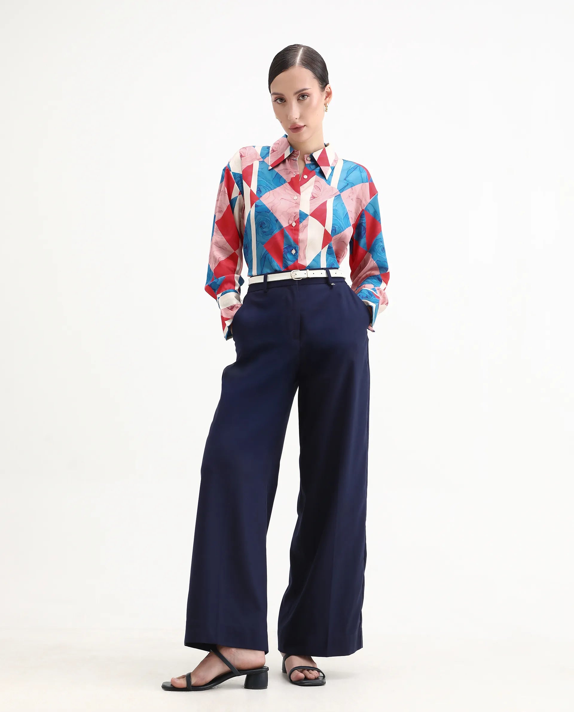 Rareism Women's Bosin Multi Cotton Drop Collar Geometric Print Cuffed Sleeve Regular Fit Top