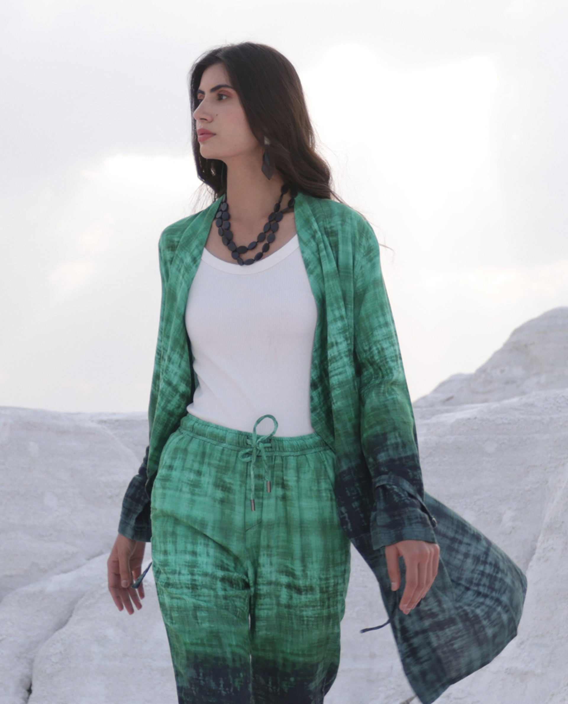 Rareism Women Boss Green Cotton Fabric Regular Fit Knee Length Abstract Print Collarless Outer Wear