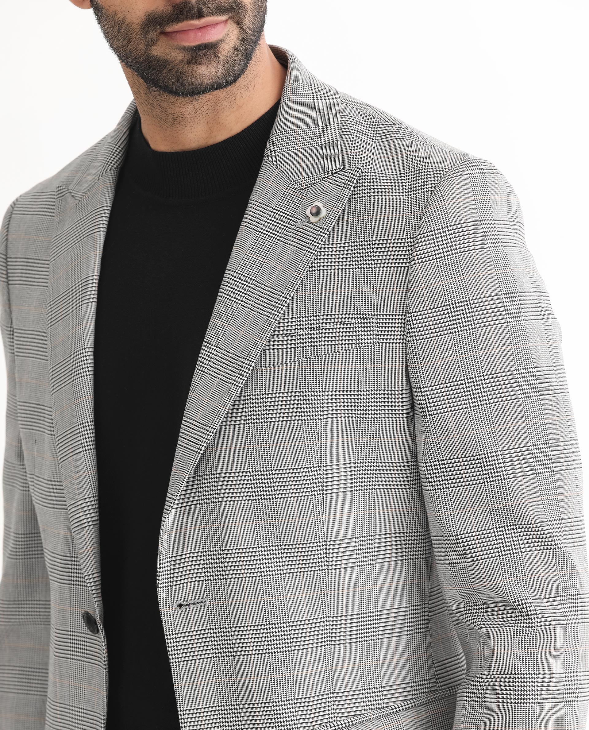 Rare Rabbit Men's Bostic Light Grey Polyester Viscose Fabric Peak Lapel Single Breasted Tailored Fit Houndstooth Check Blazer