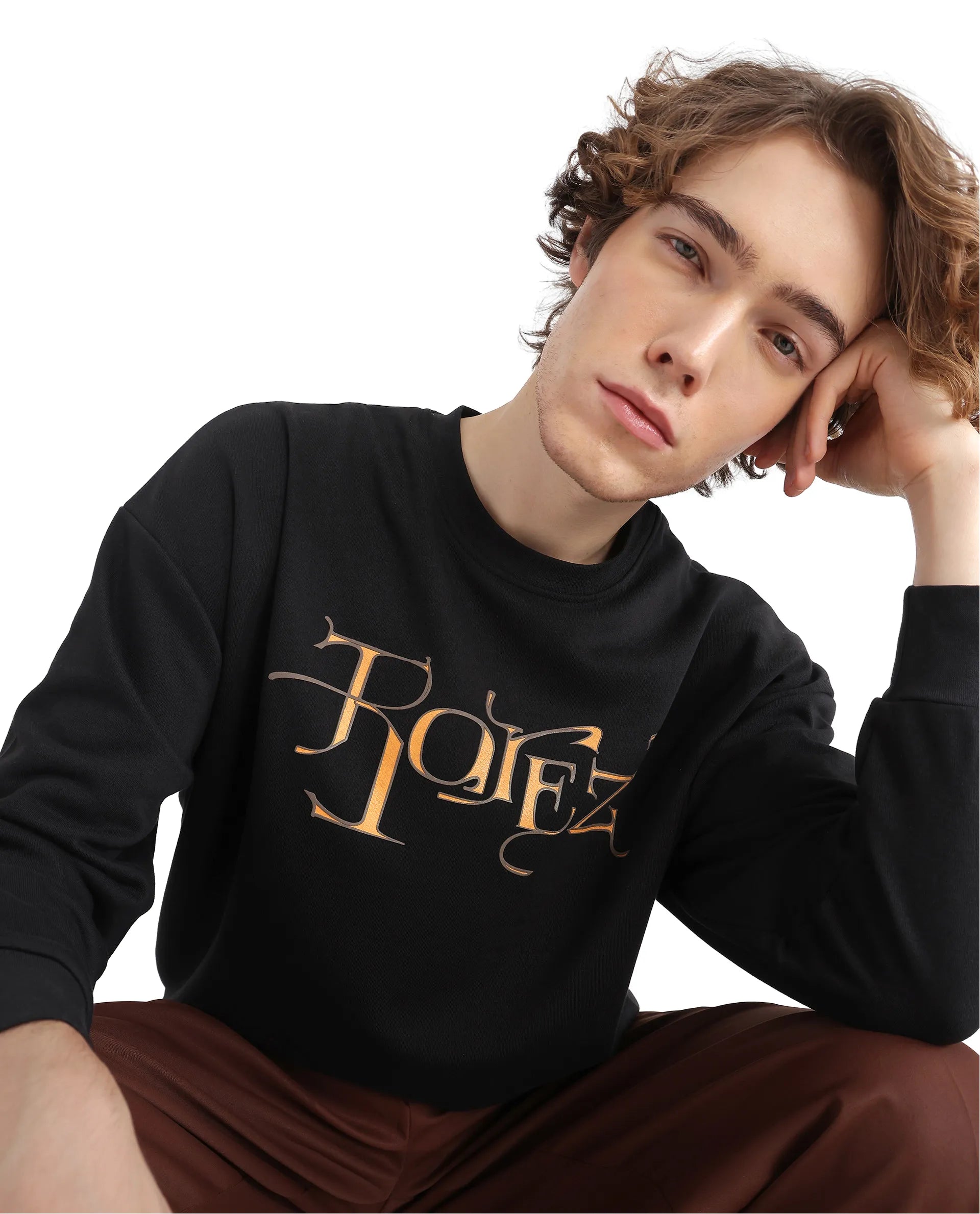 Rare Rabbit Men's Bott Dark Grey Cotton Blend Fabric Full Sleeve Crew Neck Boxy Fit Printed Sweatshirt