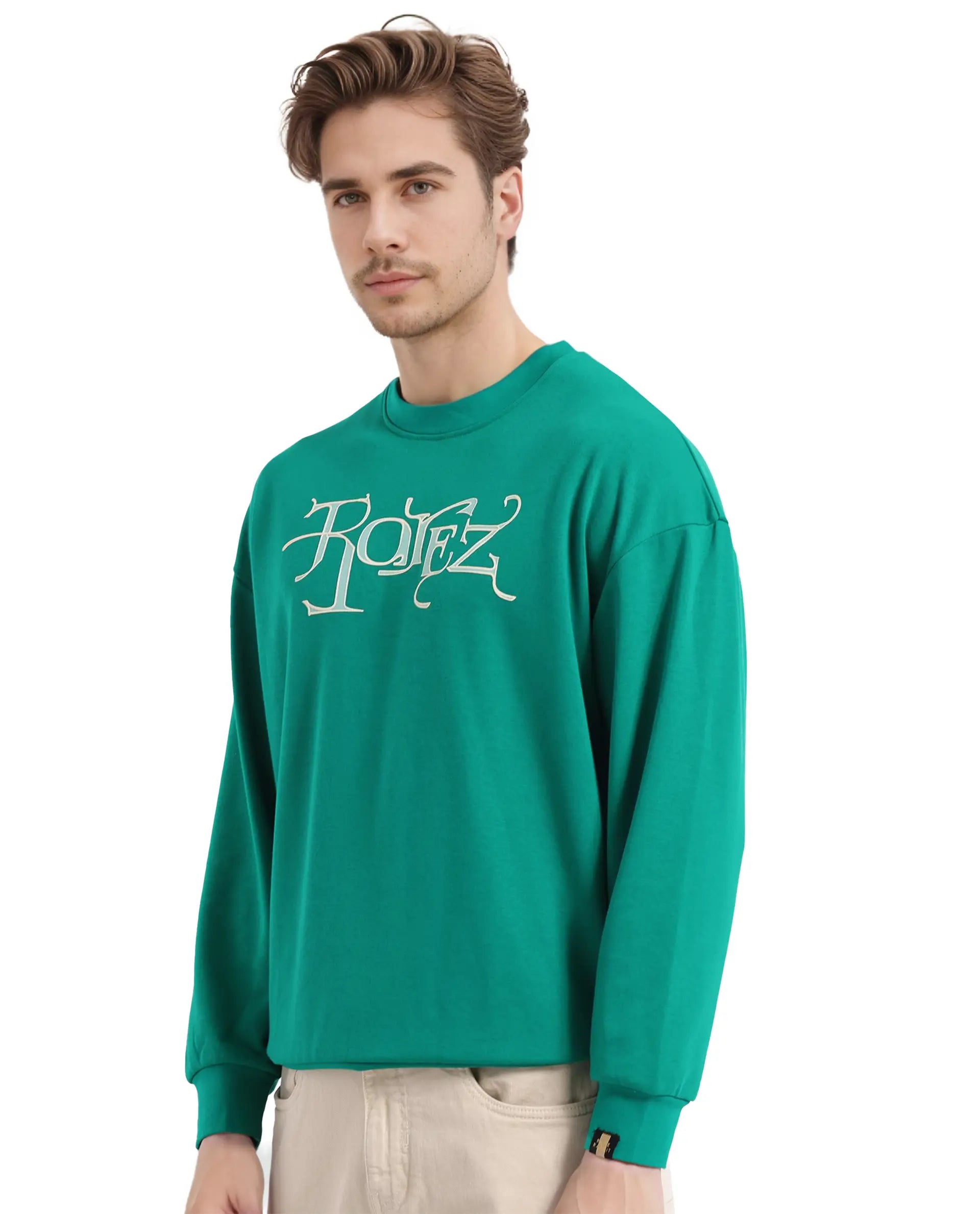Rare Rabbit Men's Bott Green Cotton Blend Fabric Full Sleeve Crew Neck Boxy Fit Printed Sweatshirt