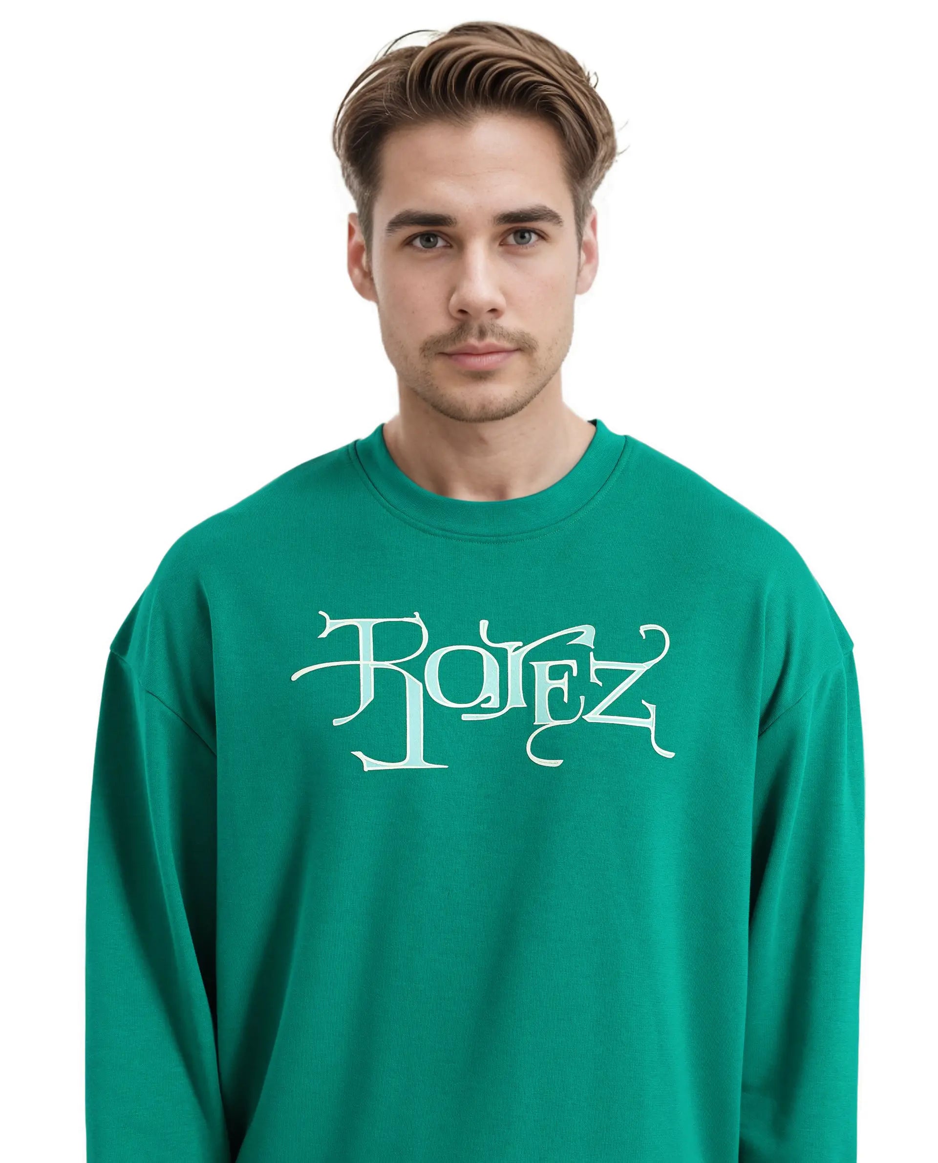 Rare Rabbit Men's Bott Green Cotton Blend Fabric Full Sleeve Crew Neck Boxy Fit Printed Sweatshirt