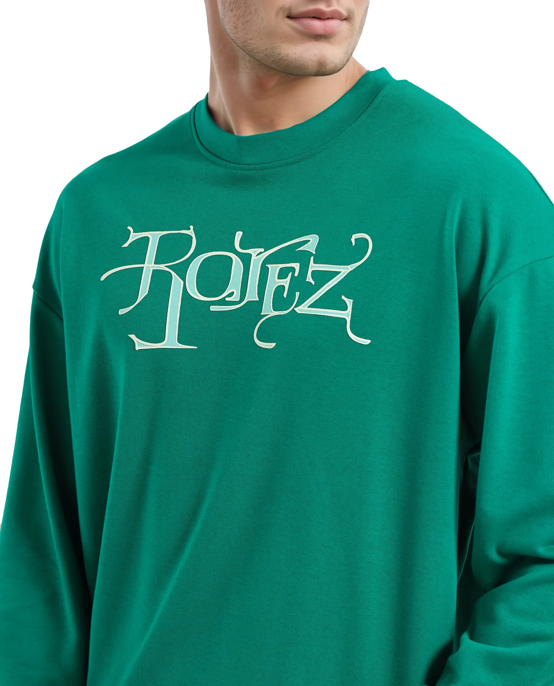 Rare Rabbit Men's Bott Green Cotton Blend Fabric Full Sleeve Crew Neck Boxy Fit Printed Sweatshirt