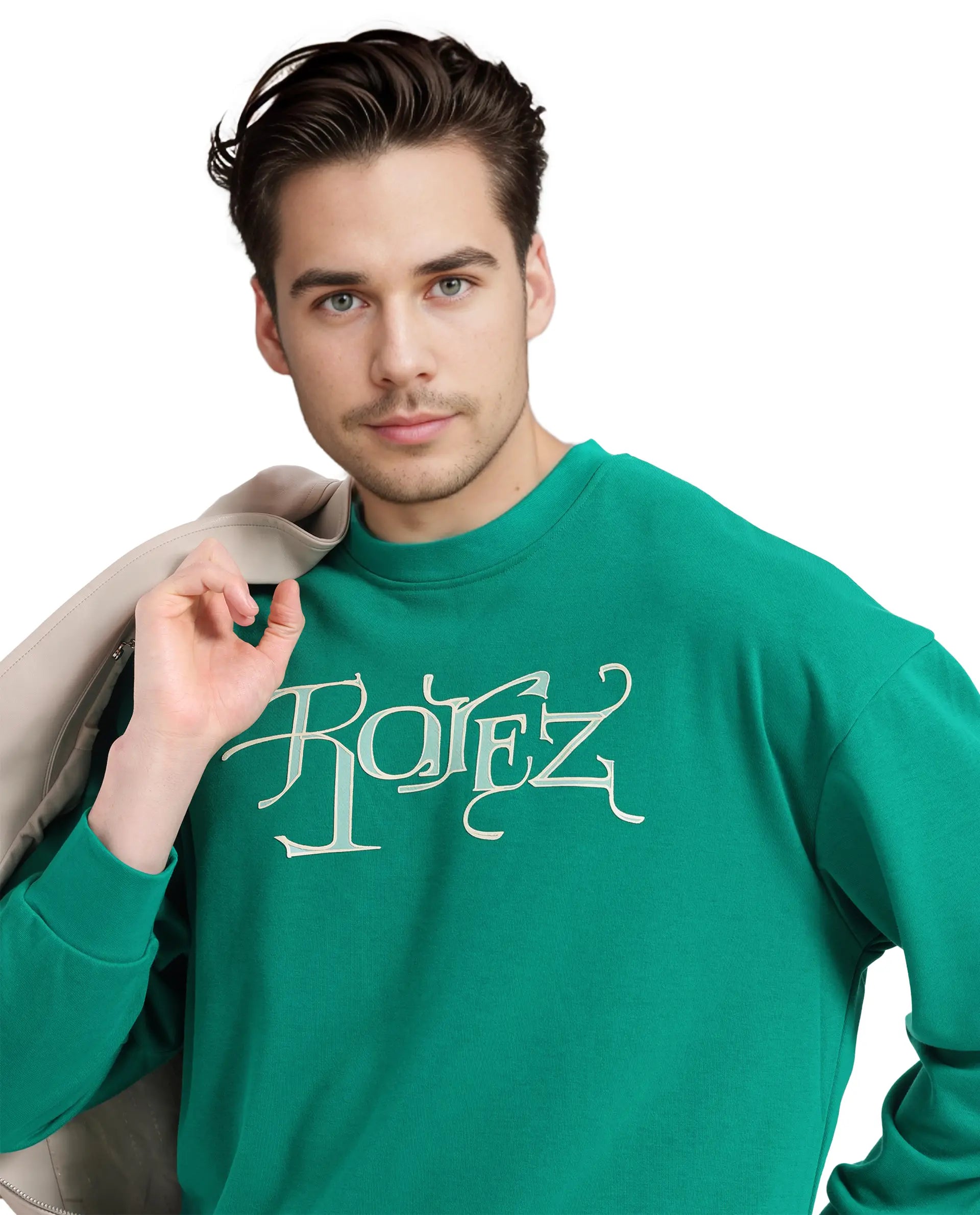 Rare Rabbit Men's Bott Green Cotton Blend Fabric Full Sleeve Crew Neck Boxy Fit Printed Sweatshirt