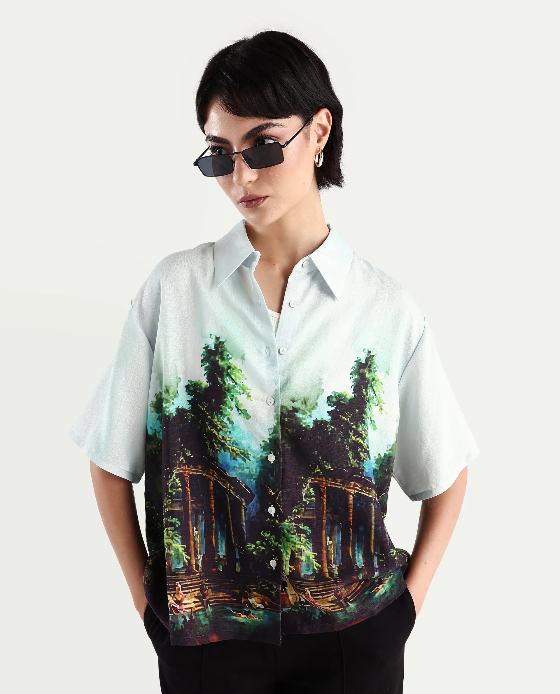 Rareism Women's Boulevard Light Blue Viscose Blend Spread Collar Abstract Print Boxy Fit Top