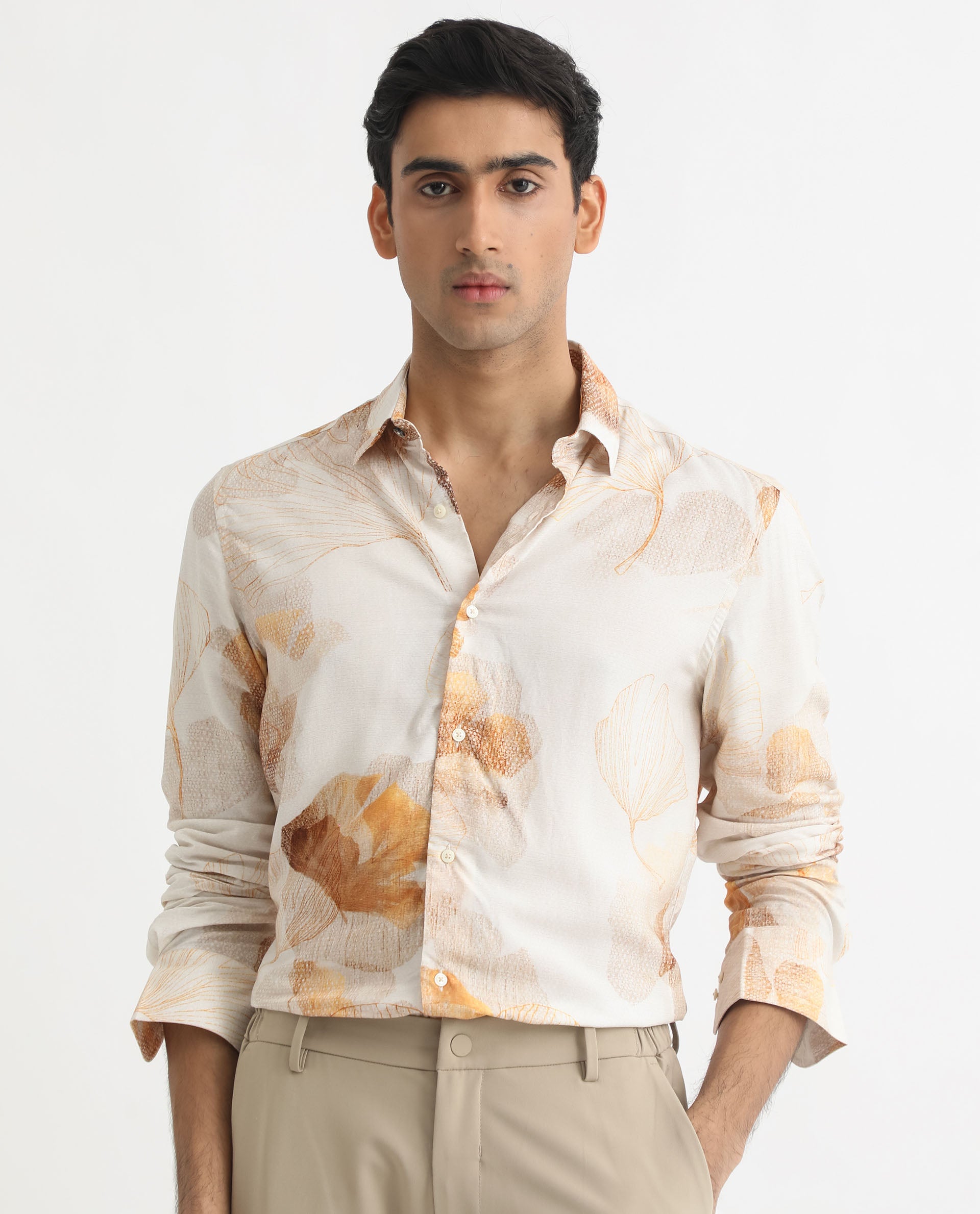 Rare Rabbit Men's Bourbon Beige Viscose Fabric Floral Print Full Sleeves Shirt