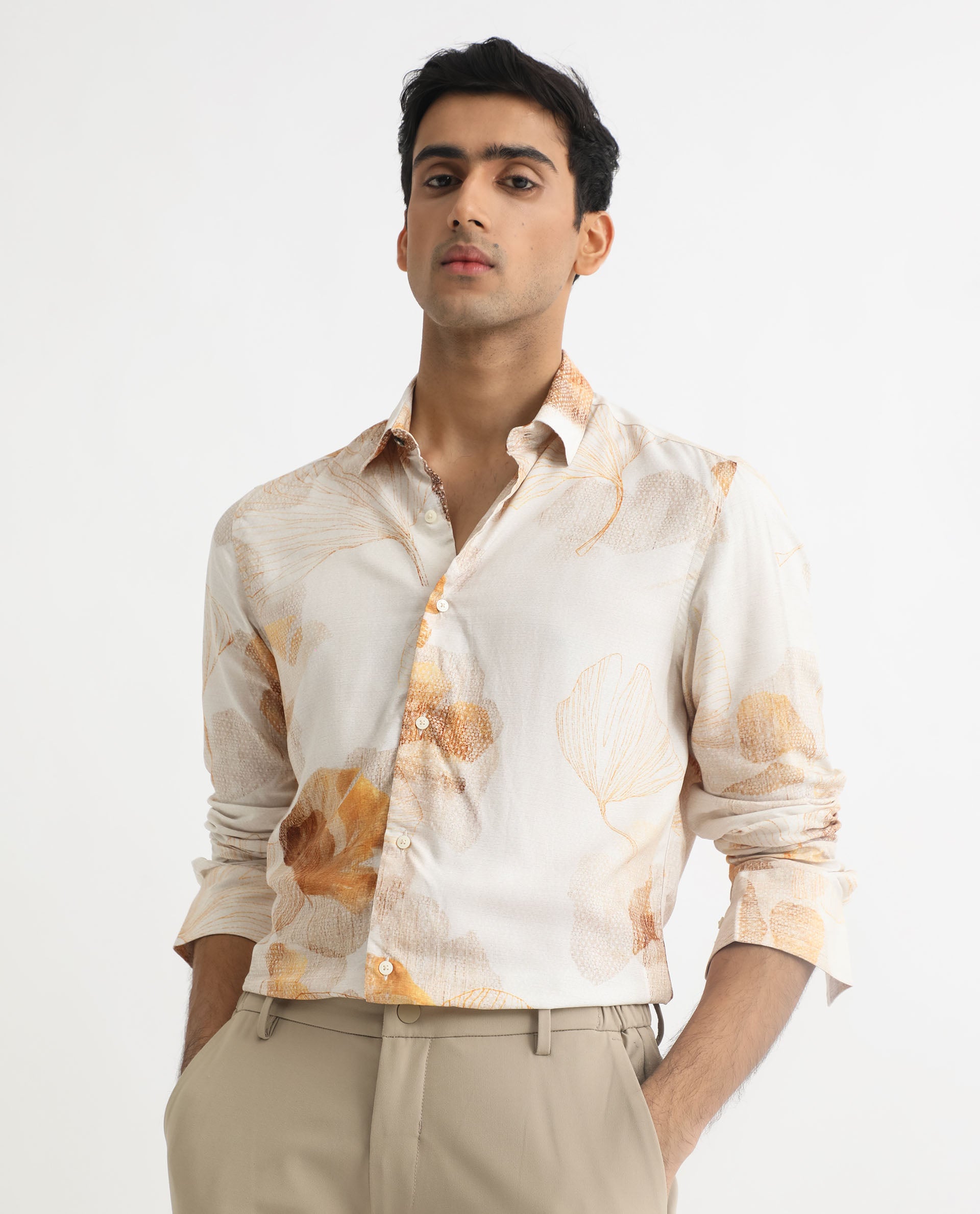 Rare Rabbit Men's Bourbon Beige Viscose Fabric Floral Print Full Sleeves Shirt