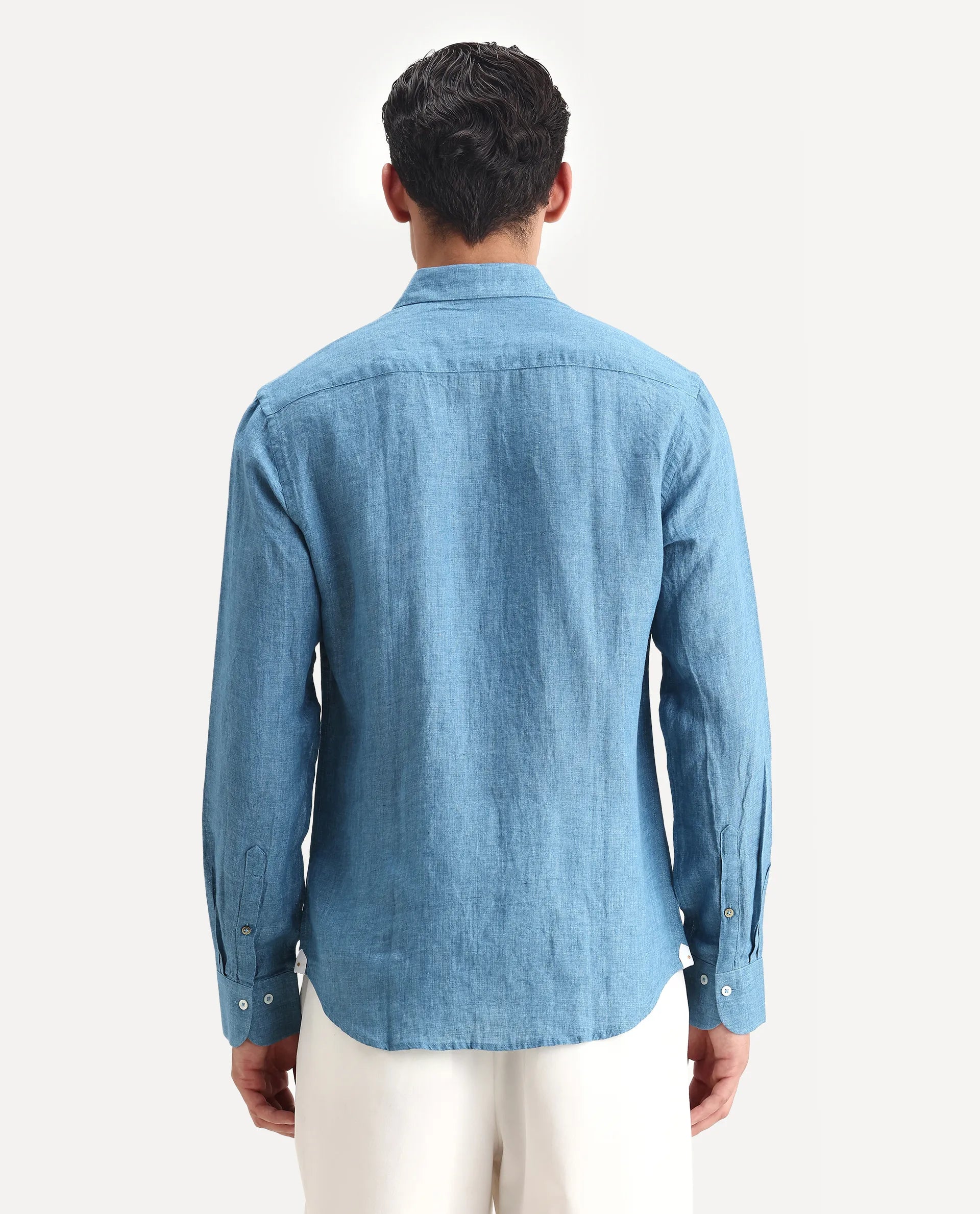 Rare Rabbit Men's Borium-2 Dusky Blue 100% Linen Plain Regular Fit Full Sleeve Collared Shirt