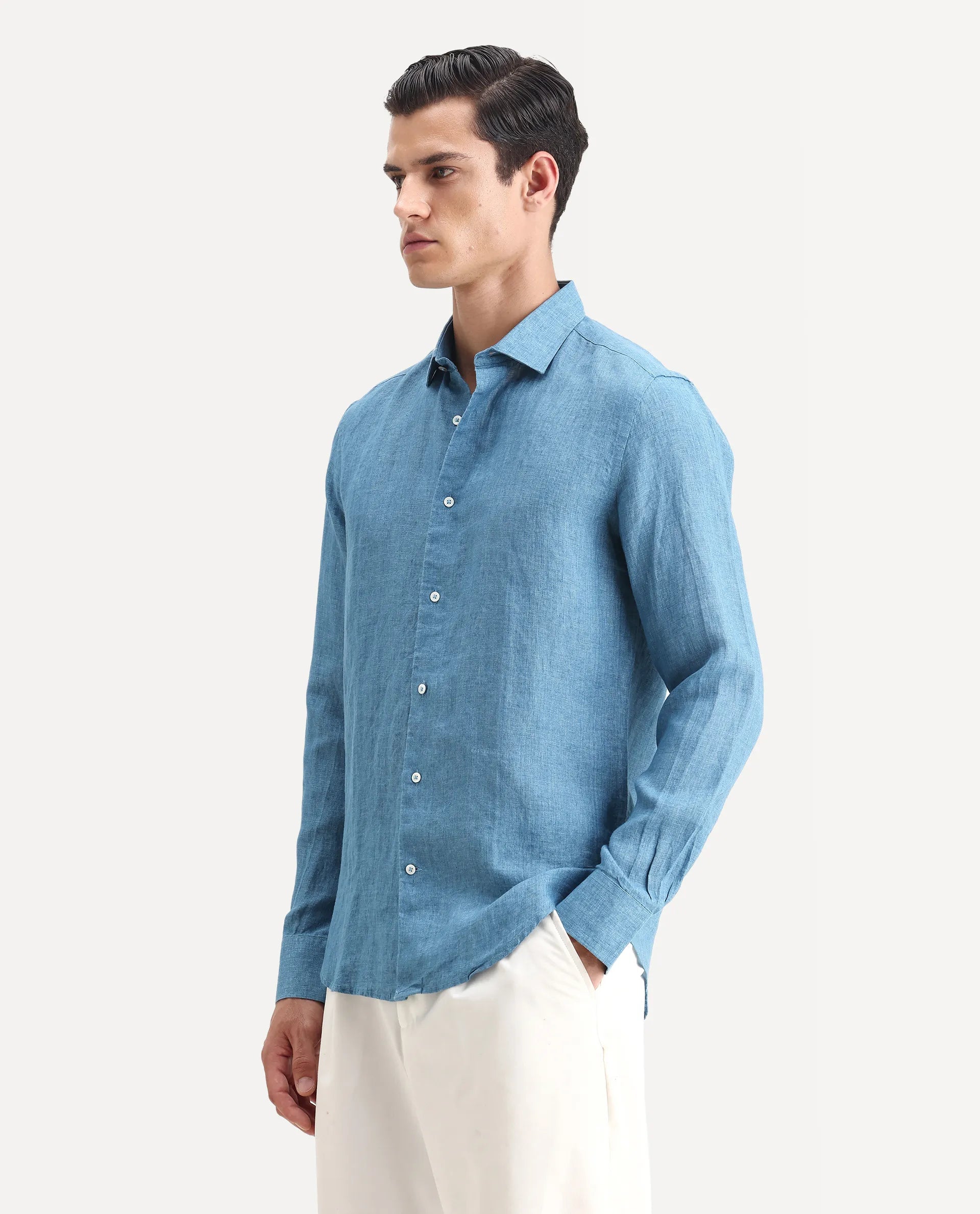 Rare Rabbit Men's Borium-2 Dusky Blue 100% Linen Plain Regular Fit Full Sleeve Collared Shirt