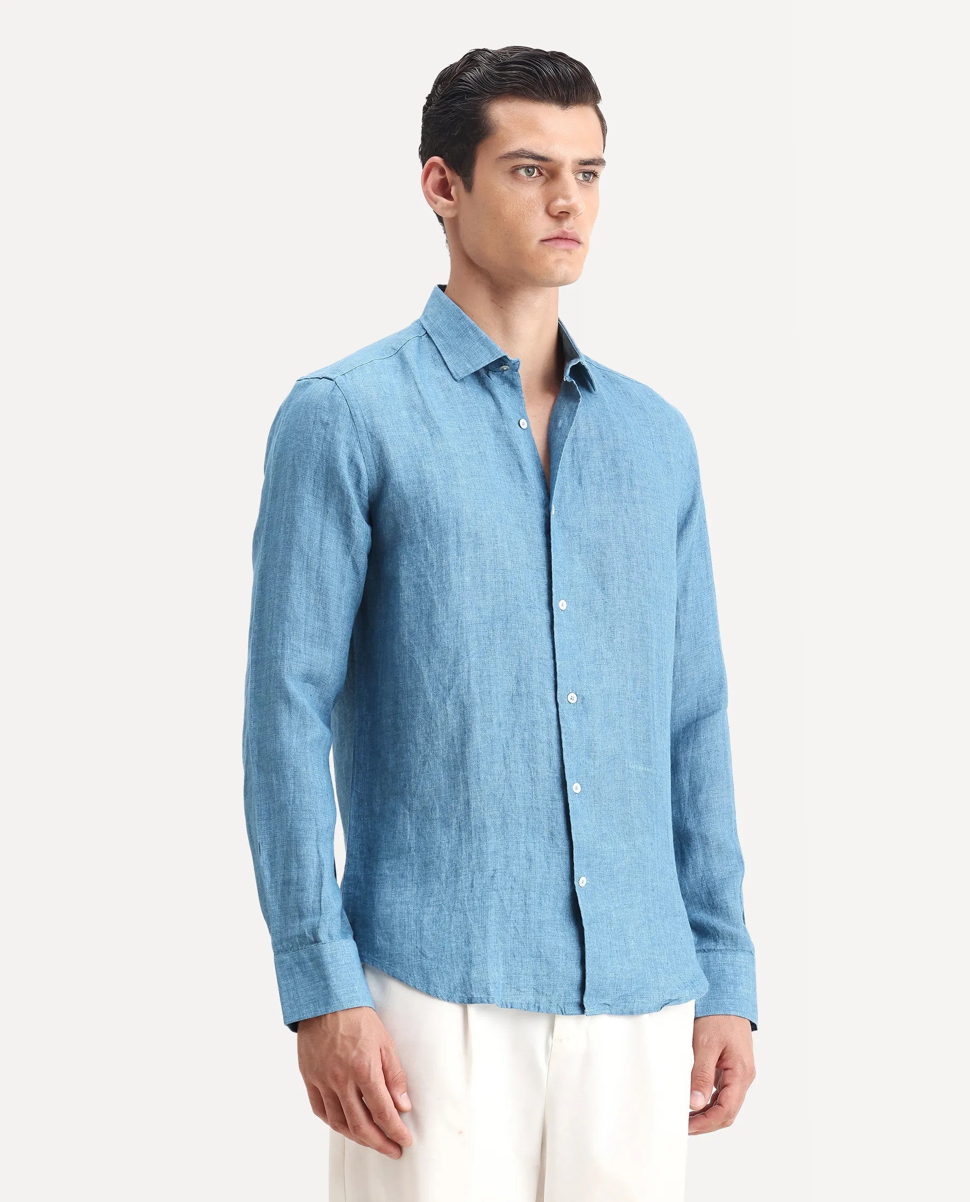 Rare Rabbit Men's Borium-2 Dusky Blue 100% Linen Plain Regular Fit Full Sleeve Collared Shirt