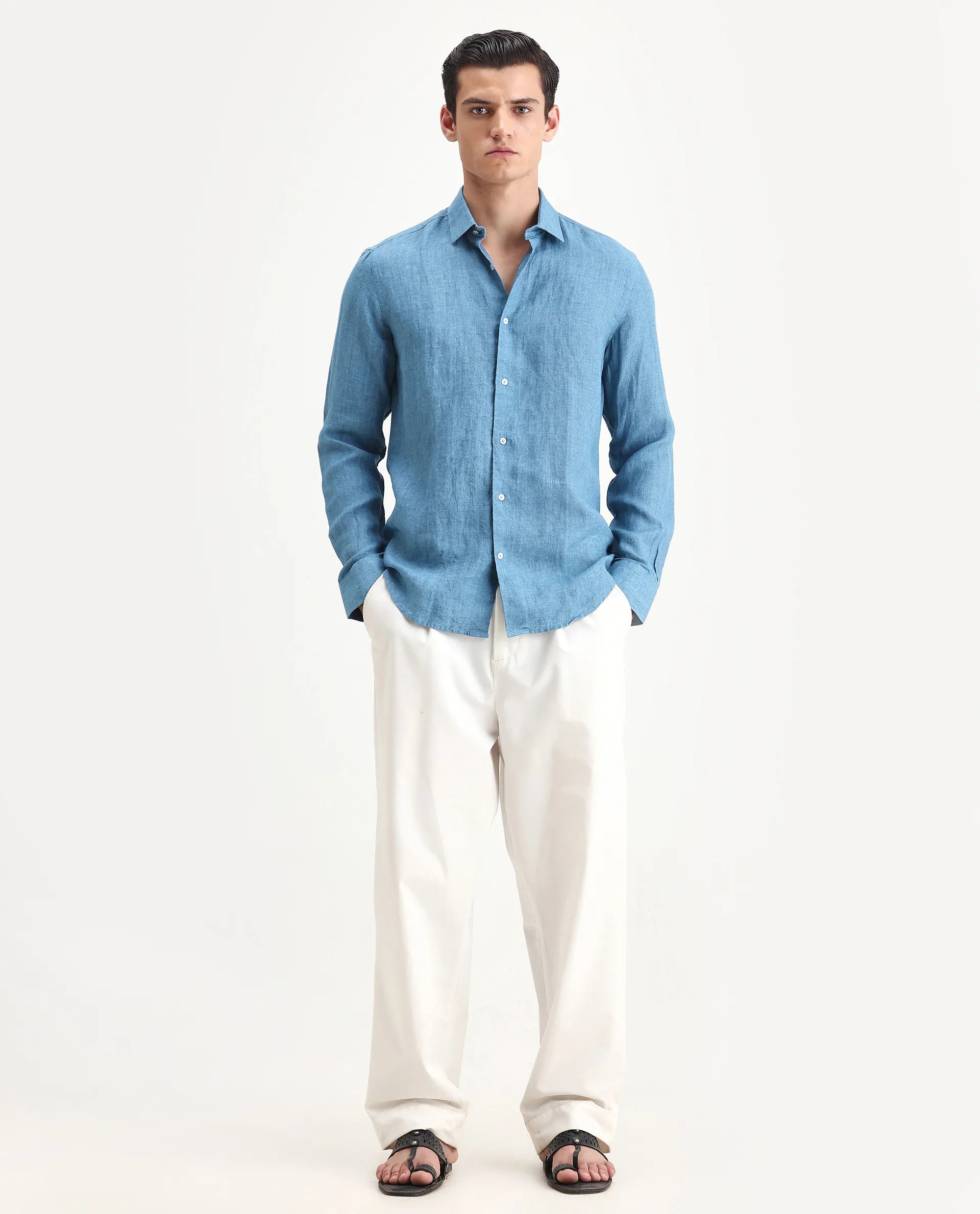 Rare Rabbit Men's Borium-2 Dusky Blue 100% Linen Plain Regular Fit Full Sleeve Collared Shirt