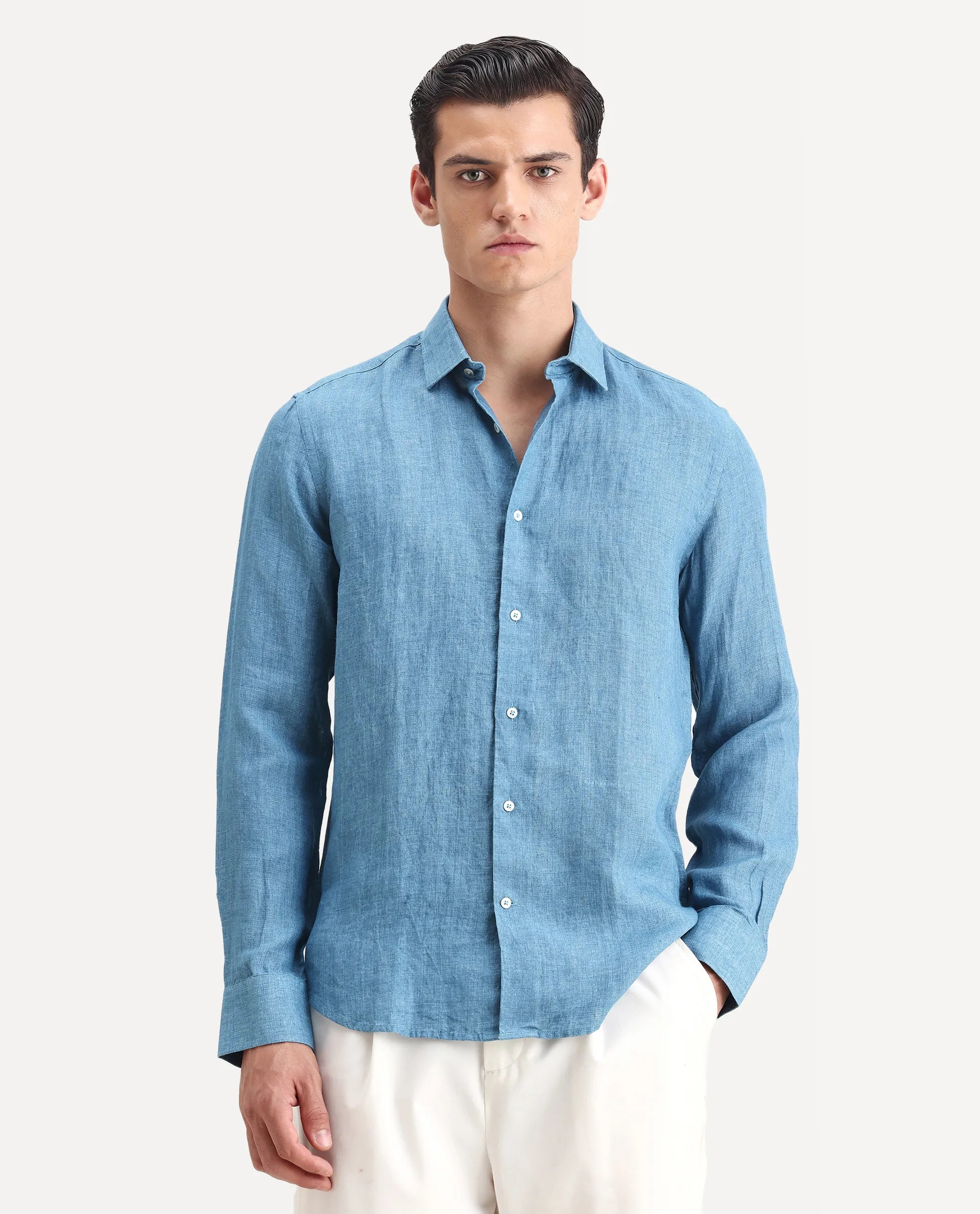 Rare Rabbit Men's Borium-2 Dusky Blue 100% Linen Plain Regular Fit Full Sleeve Collared Shirt