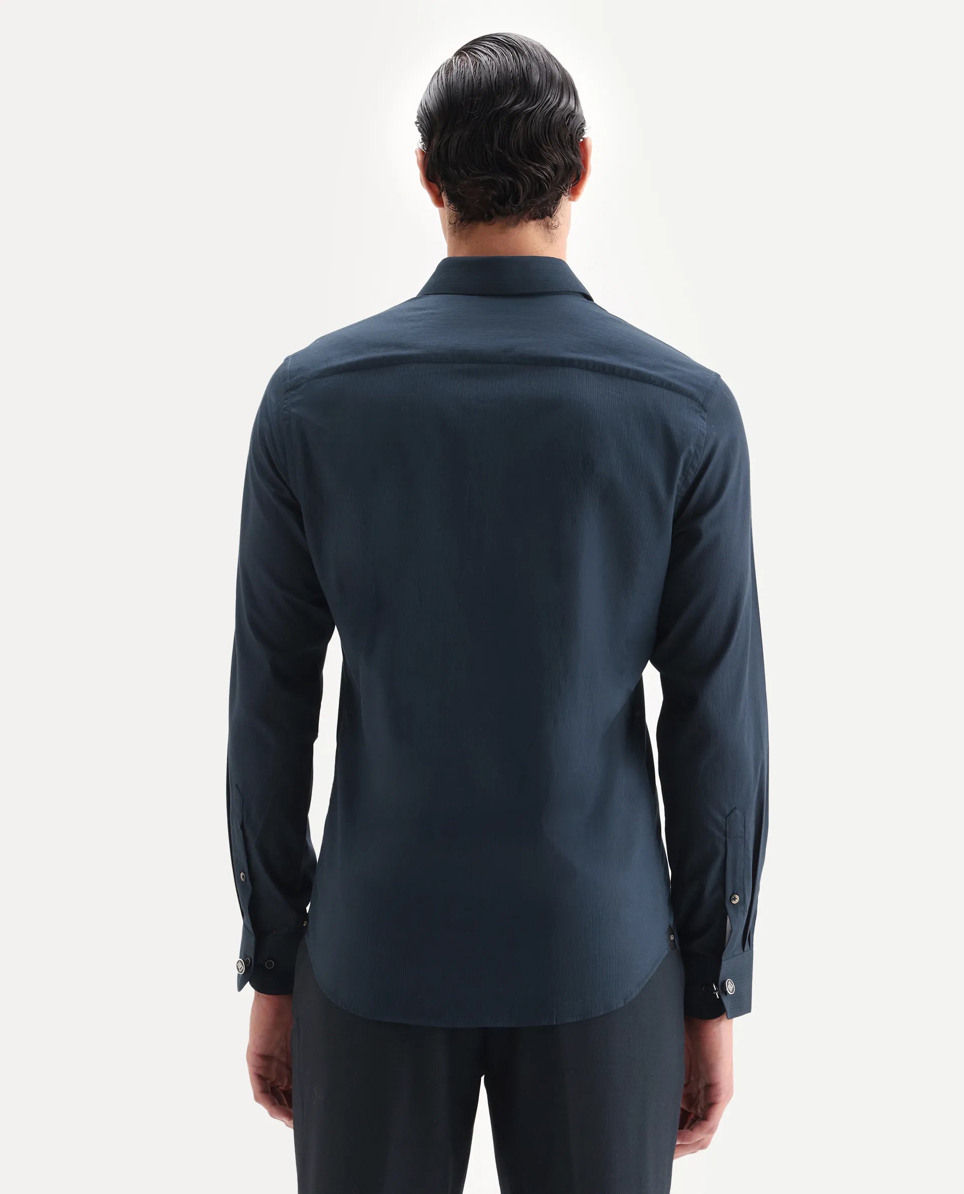 Rare Rabbit Men's Bovec-25 Navy Cotton Fabric Spread Collar Regular Fit Striped Shirt