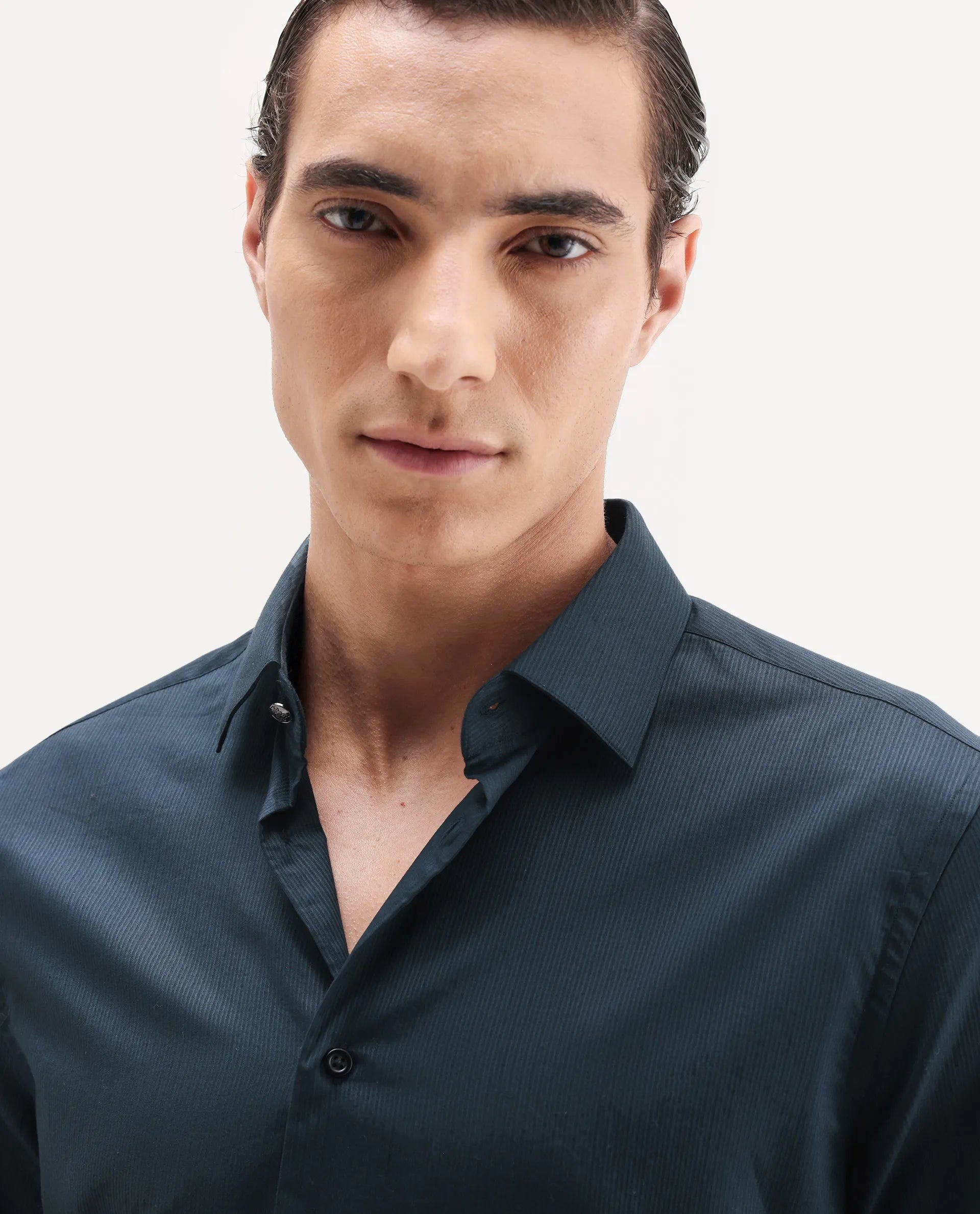 Rare Rabbit Men's Bovec-25 Navy Cotton Fabric Spread Collar Regular Fit Striped Shirt