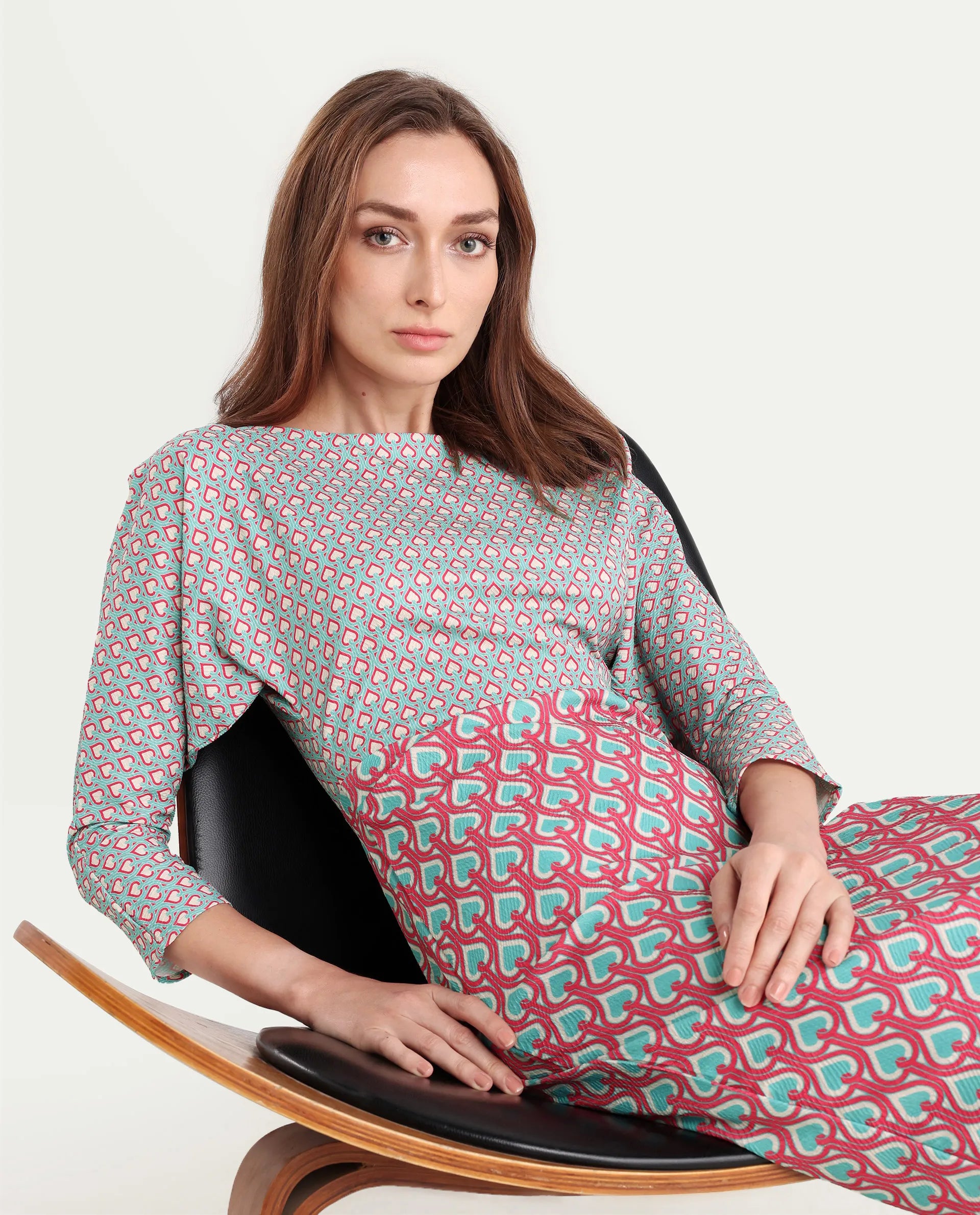 Rareism Women's Bovyan Multi Cotton Boat Neck Geometric Print Midi Straight Fit Dress