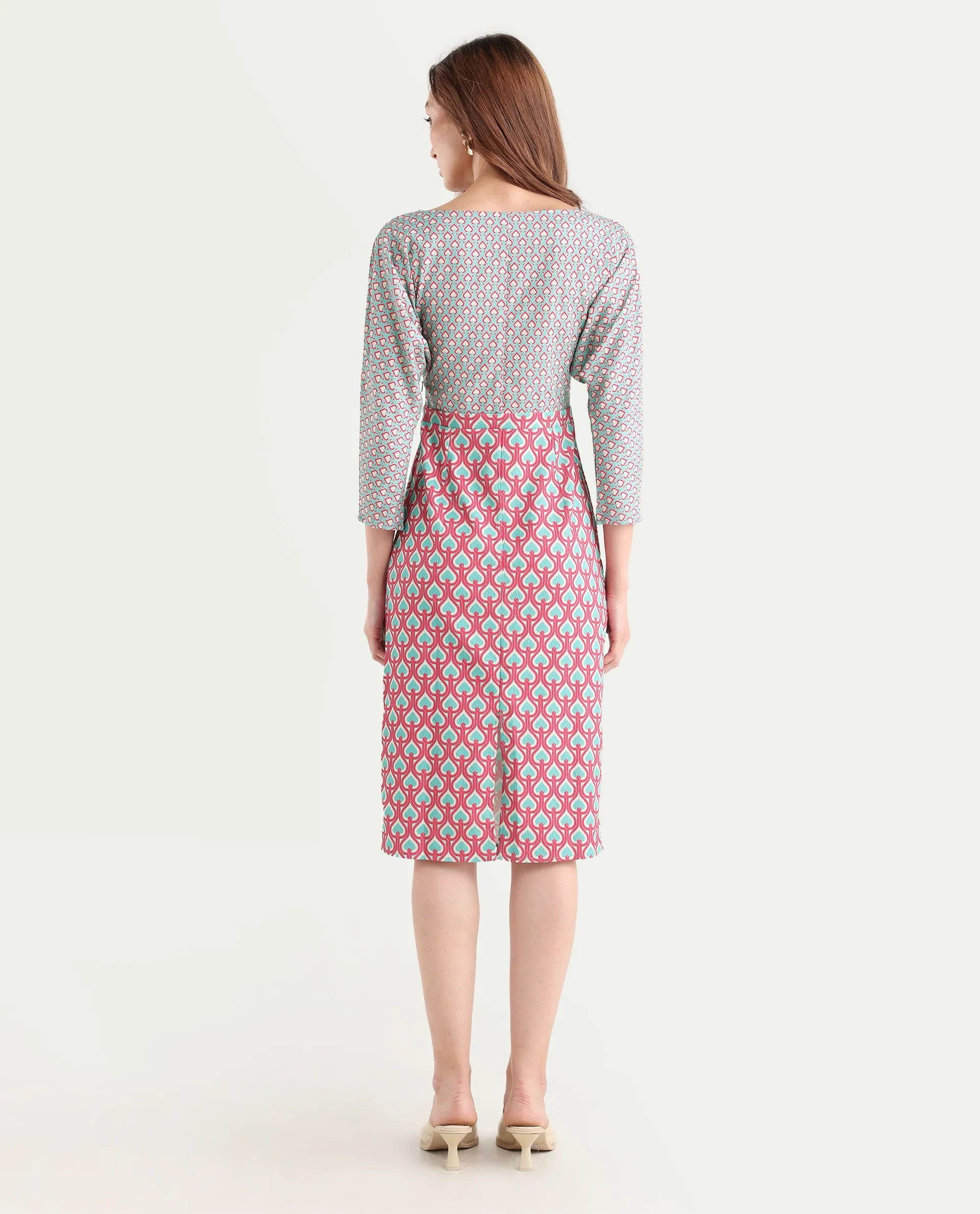 Rareism Women's Bovyan Multi Cotton Boat Neck Geometric Print Midi Straight Fit Dress