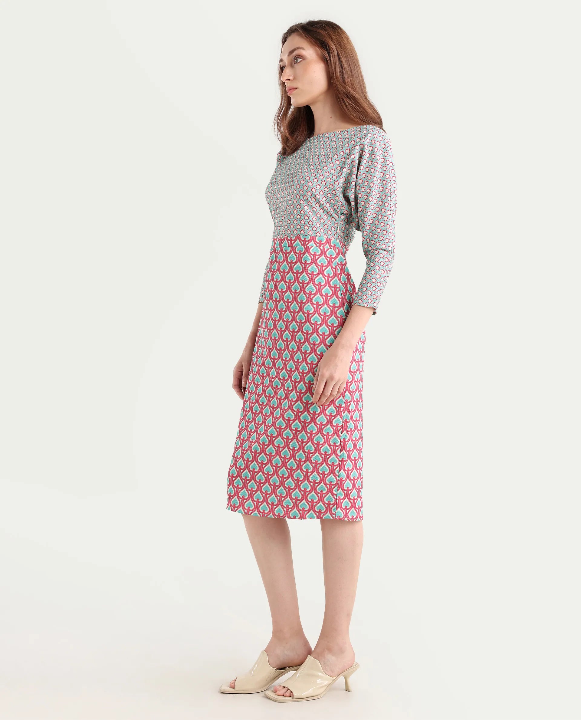 Rareism Women's Bovyan Multi Cotton Boat Neck Geometric Print Midi Straight Fit Dress