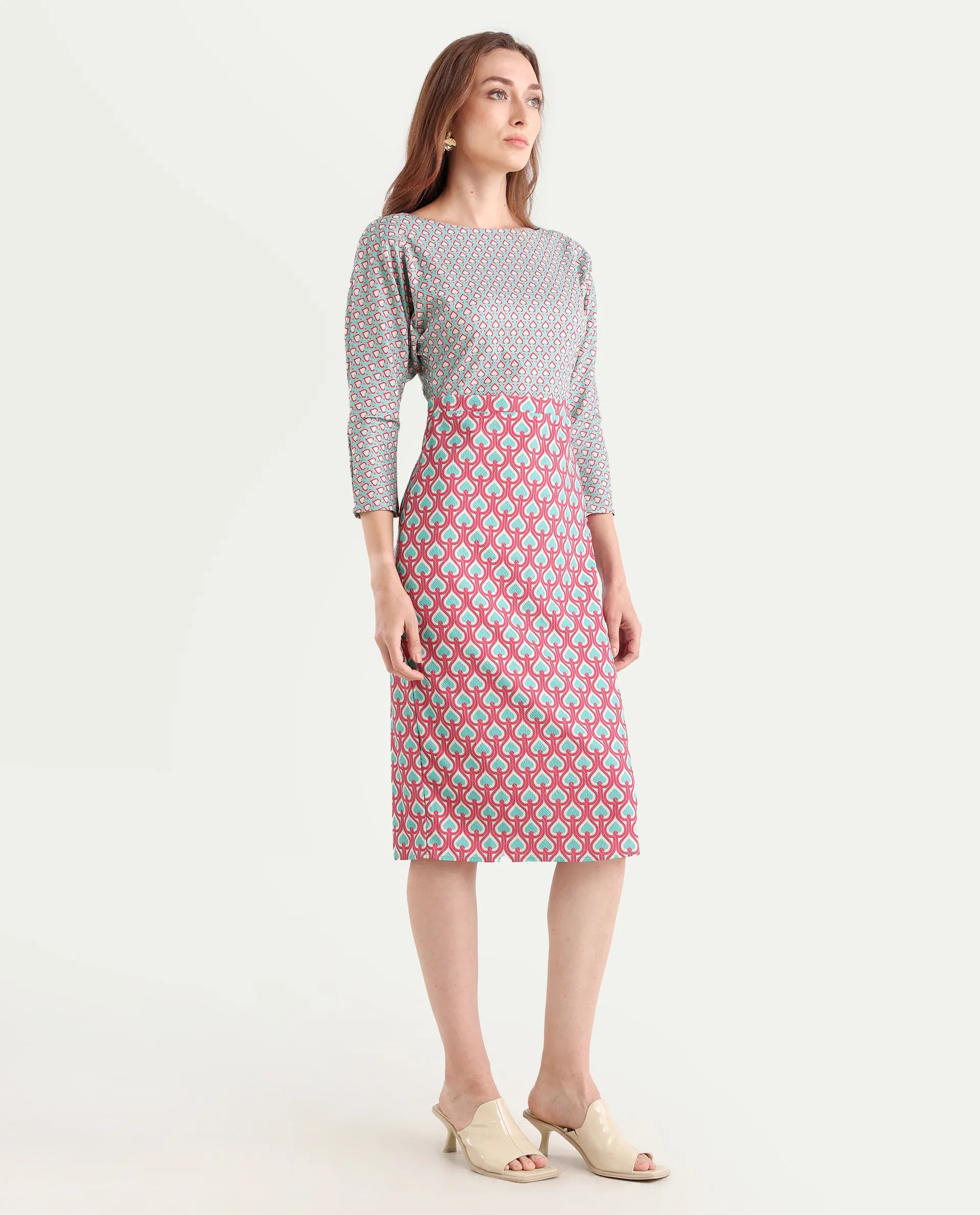 Rareism Women's Bovyan Multi Cotton Boat Neck Geometric Print Midi Straight Fit Dress