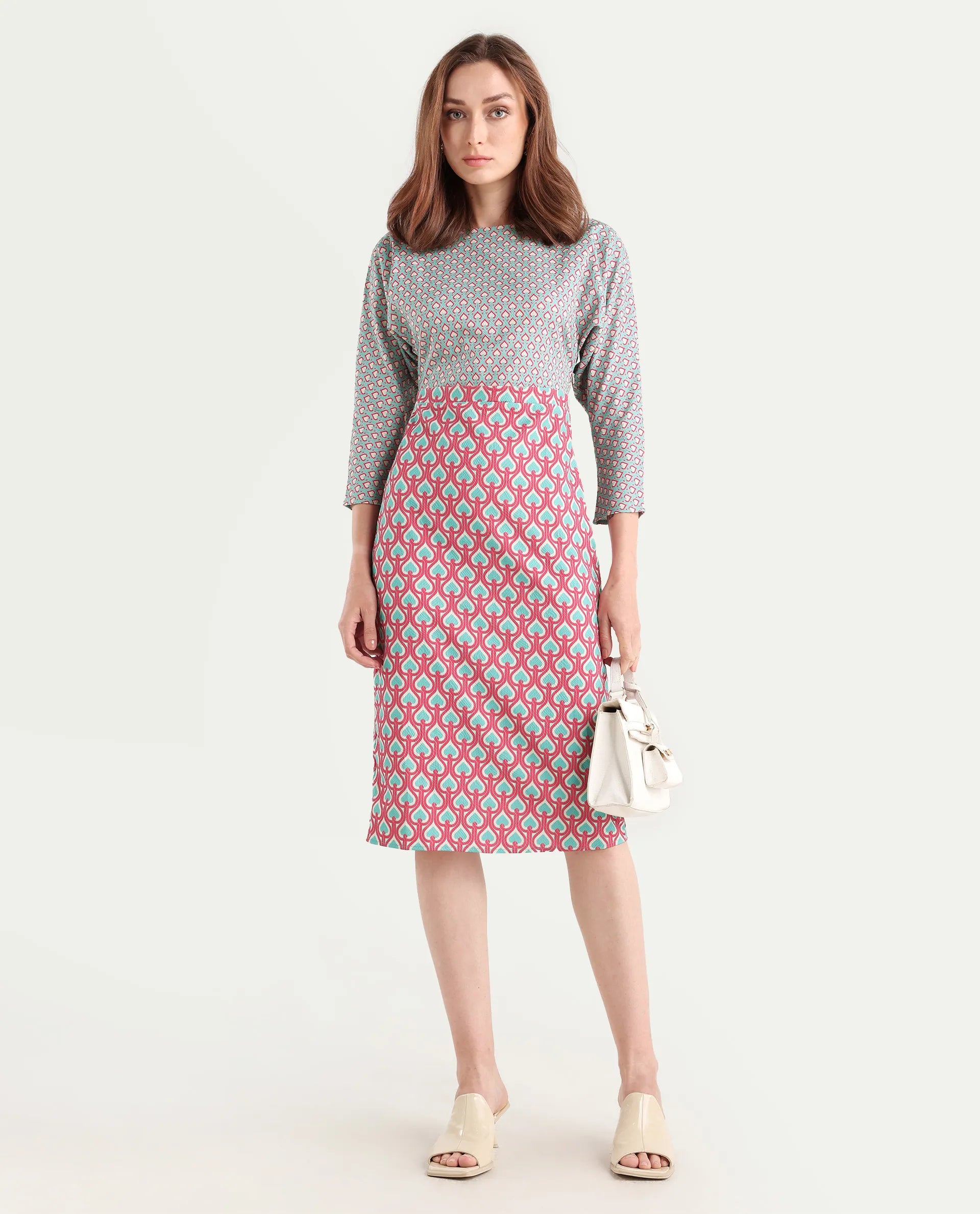 Rareism Women's Bovyan Multi Cotton Boat Neck Geometric Print Midi Straight Fit Dress