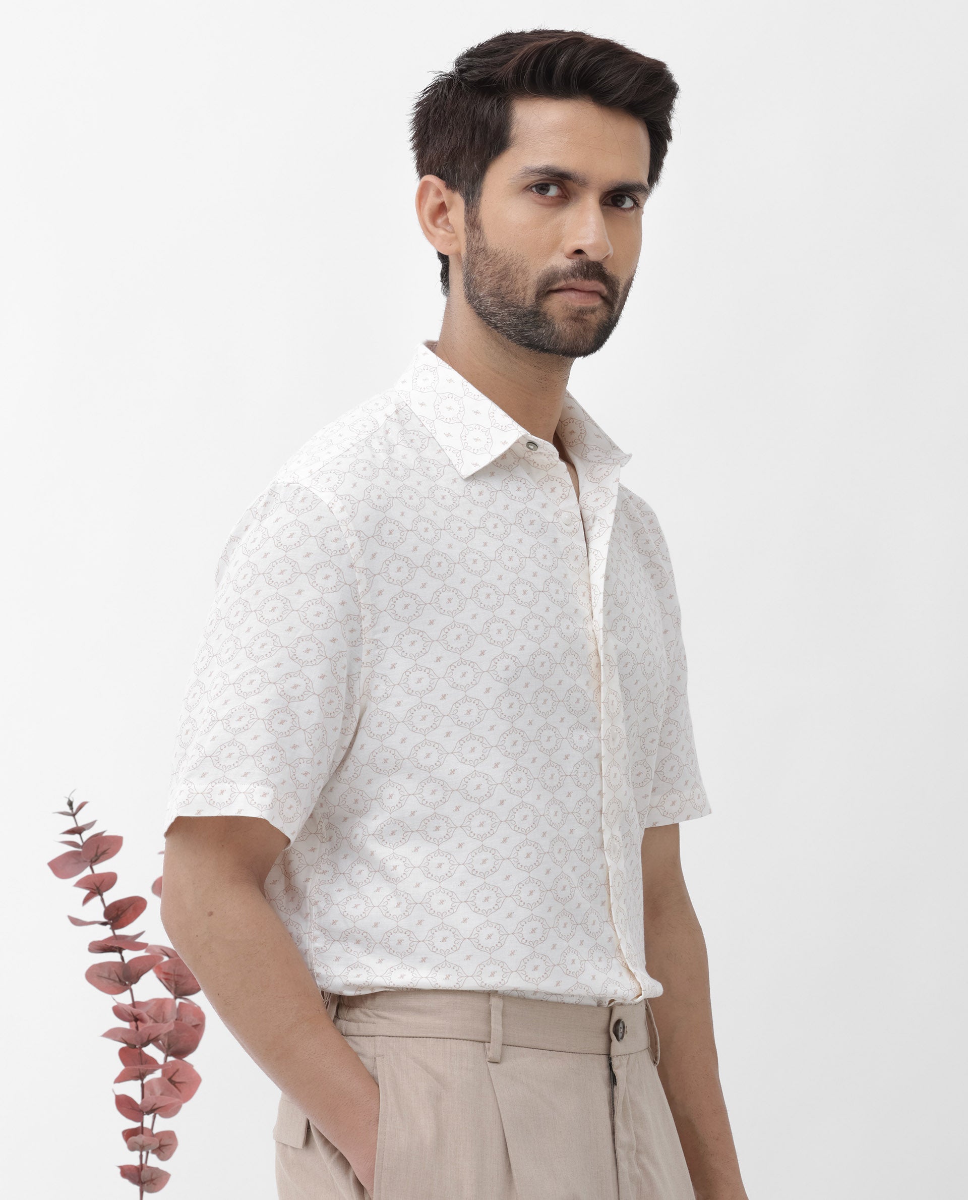 Rare Rabbit Mens Boward Off White Cotton Fabric Short Sleeve Boxy Fit Monogram Print Shirt