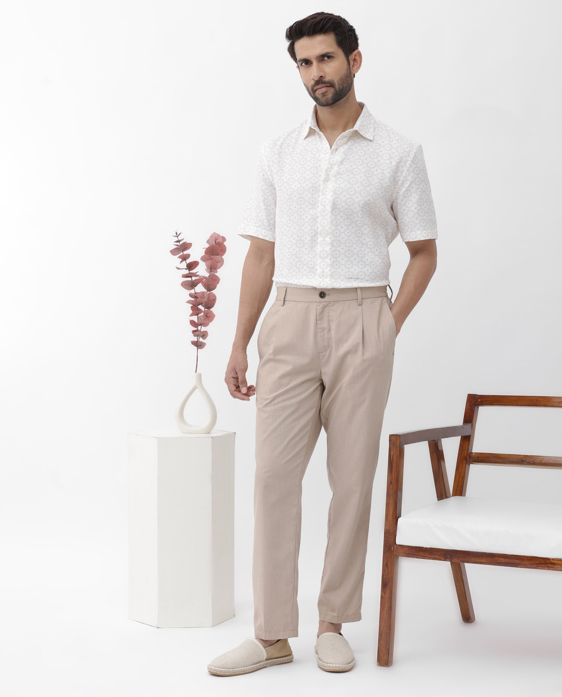 Rare Rabbit Mens Boward Off White Cotton Fabric Short Sleeve Boxy Fit Monogram Print Shirt