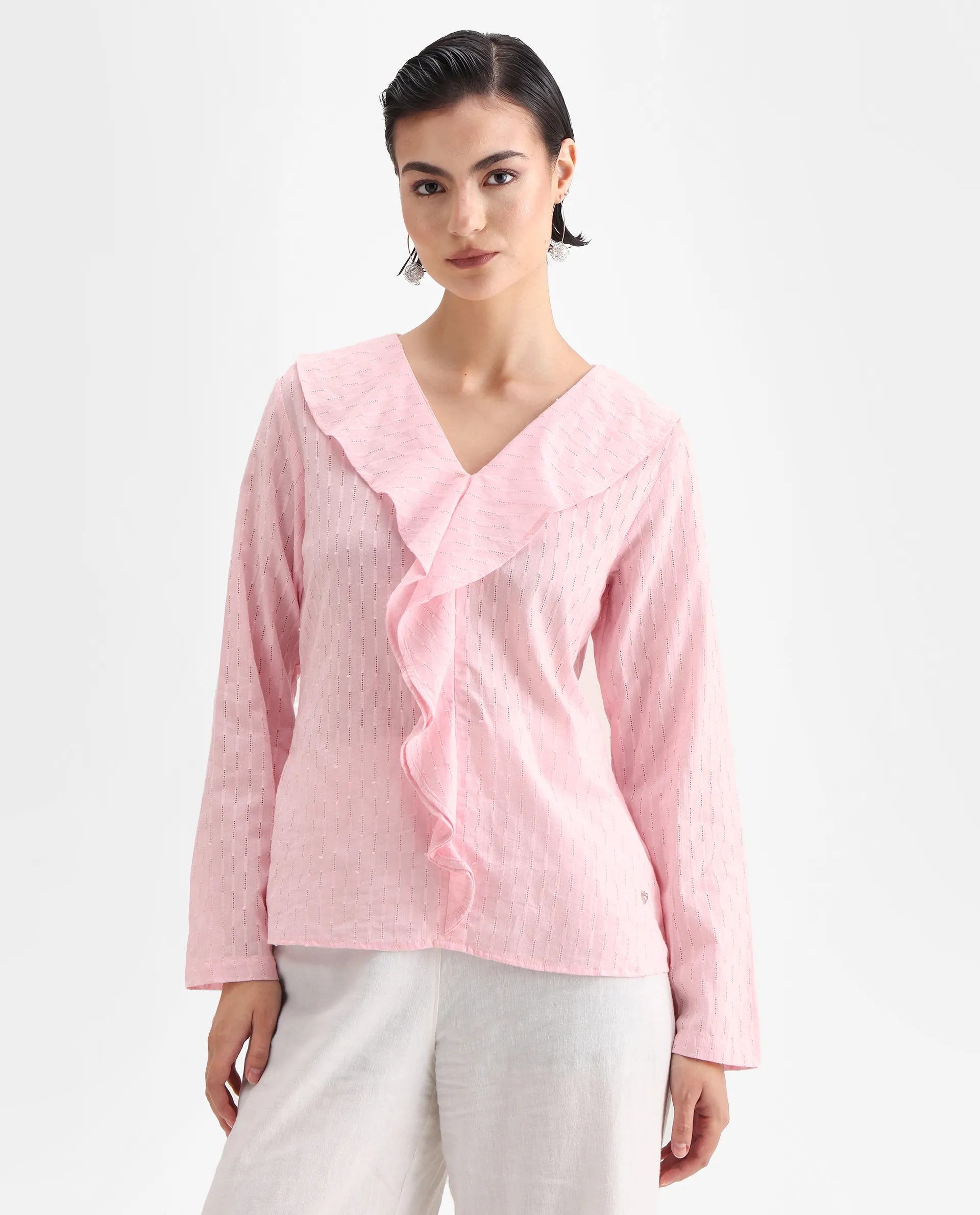 Rareism Women's Bowez Pink Cotton V-Neck Plain Regular Fit Top