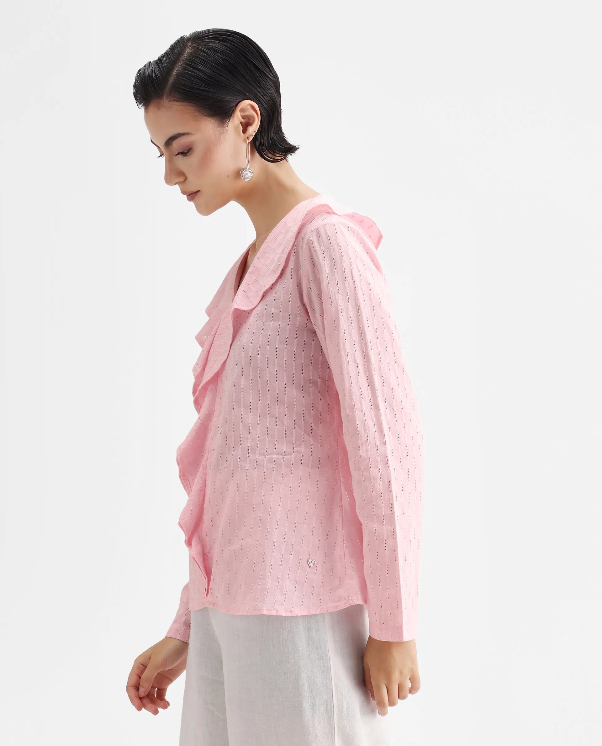 Rareism Women's Bowez Pink Cotton V-Neck Plain Regular Fit Top