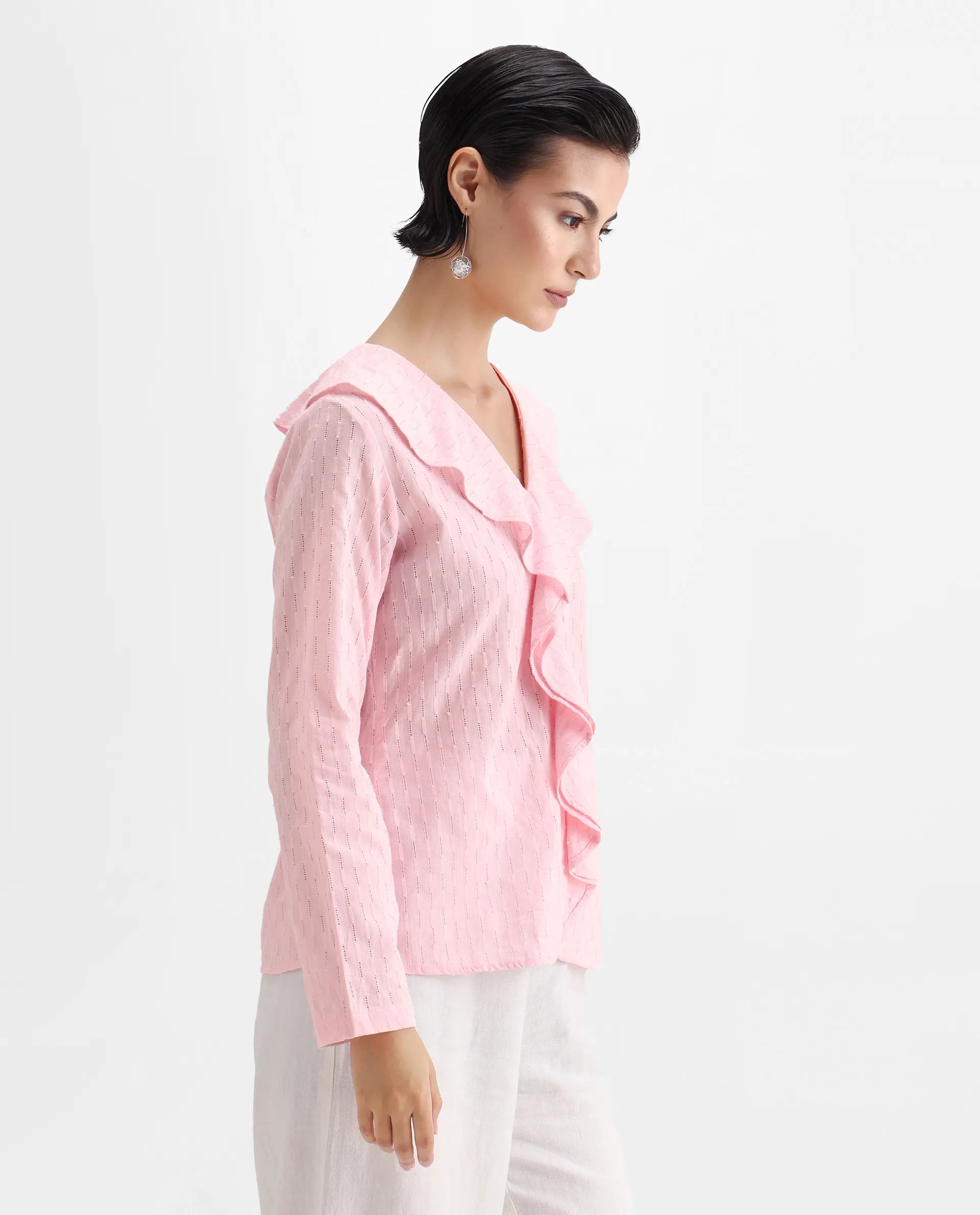 Rareism Women's Bowez Pink Cotton V-Neck Plain Regular Fit Top