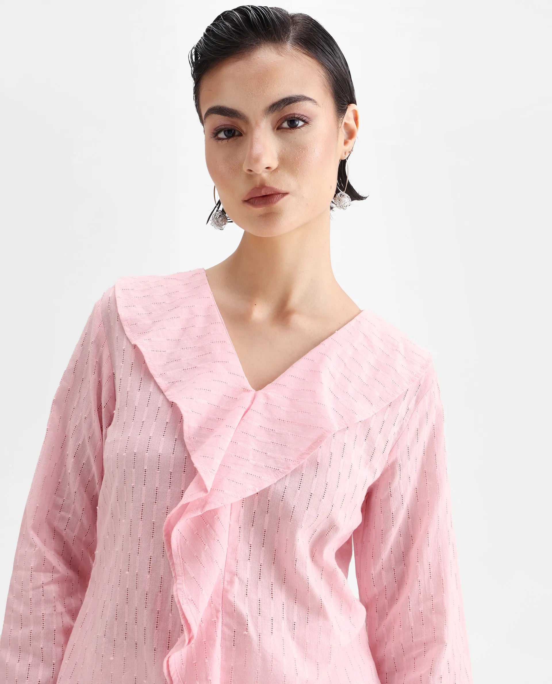 Rareism Women's Bowez Pink Cotton V-Neck Plain Regular Fit Top