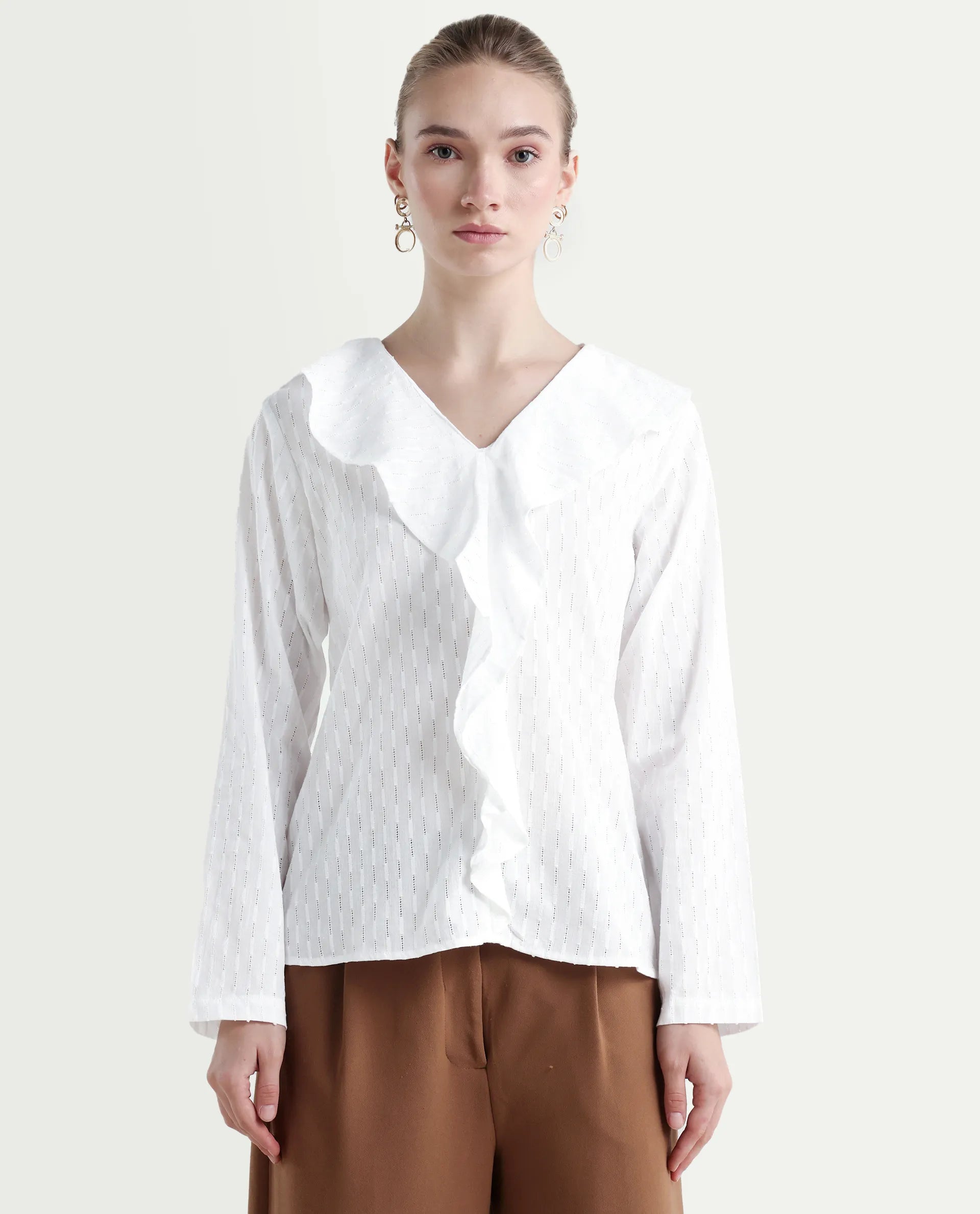 Rareism Women's Bowez White Cotton Ruffled Neck Plain Regular Fit Top