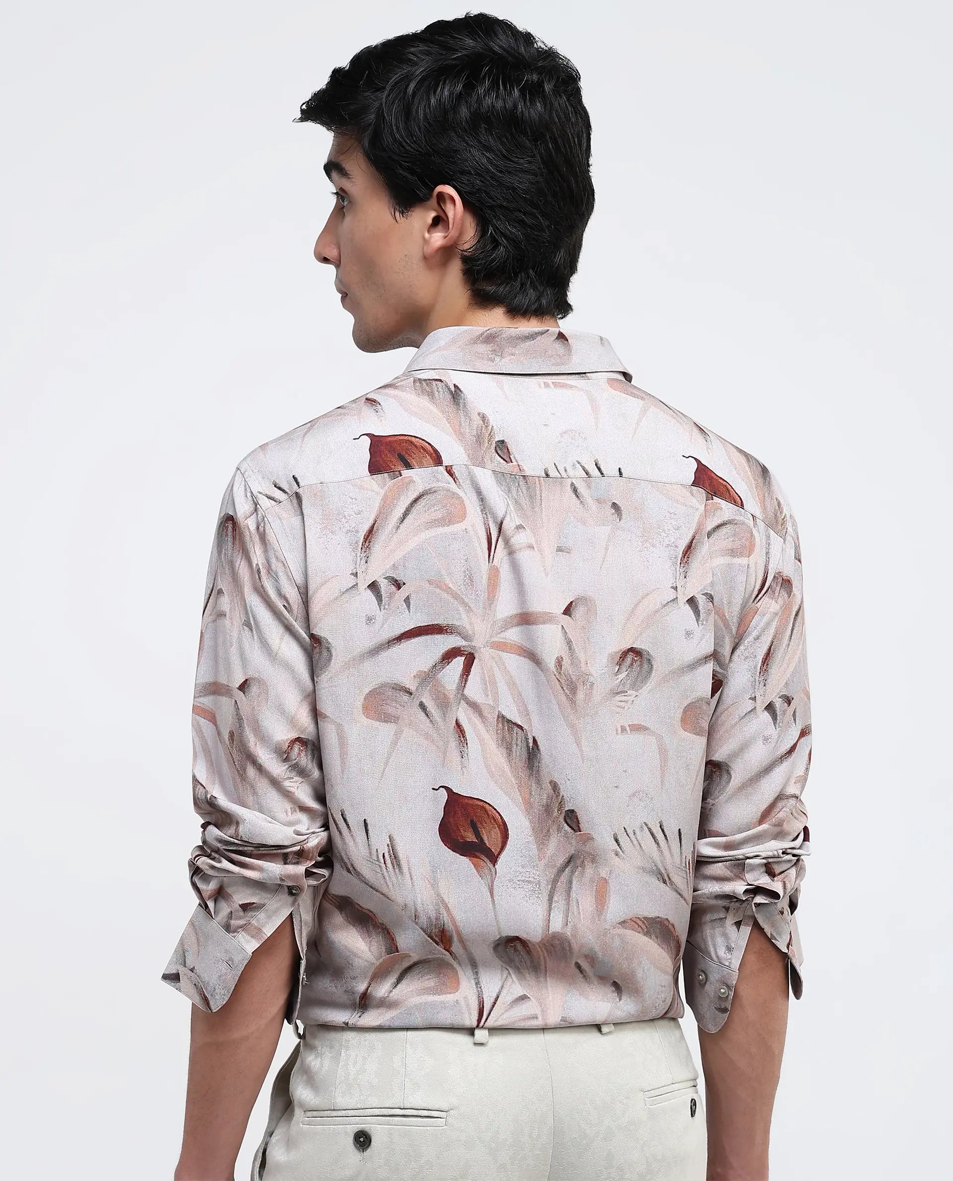 Rare Rabbit Men Bowon-1 Light Brown Cotton Fabric Full Sleeves Tropical Print Shirt