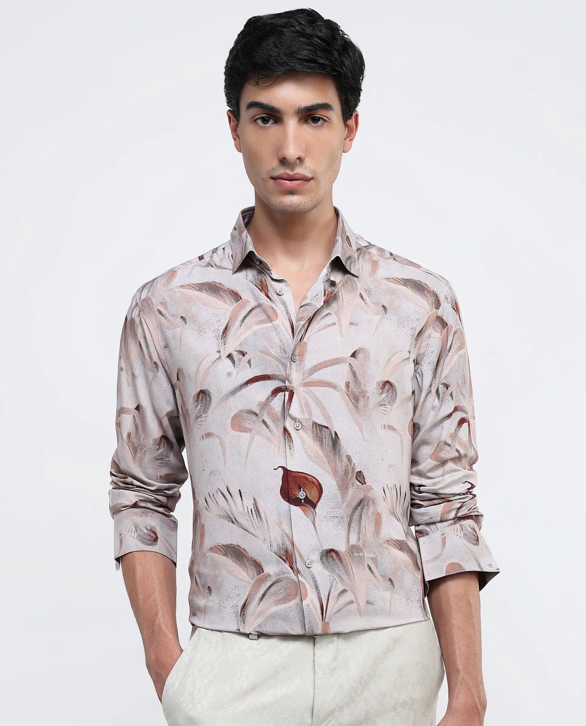 Rare Rabbit Men Bowon-1 Light Brown Cotton Fabric Full Sleeves Tropical Print Shirt