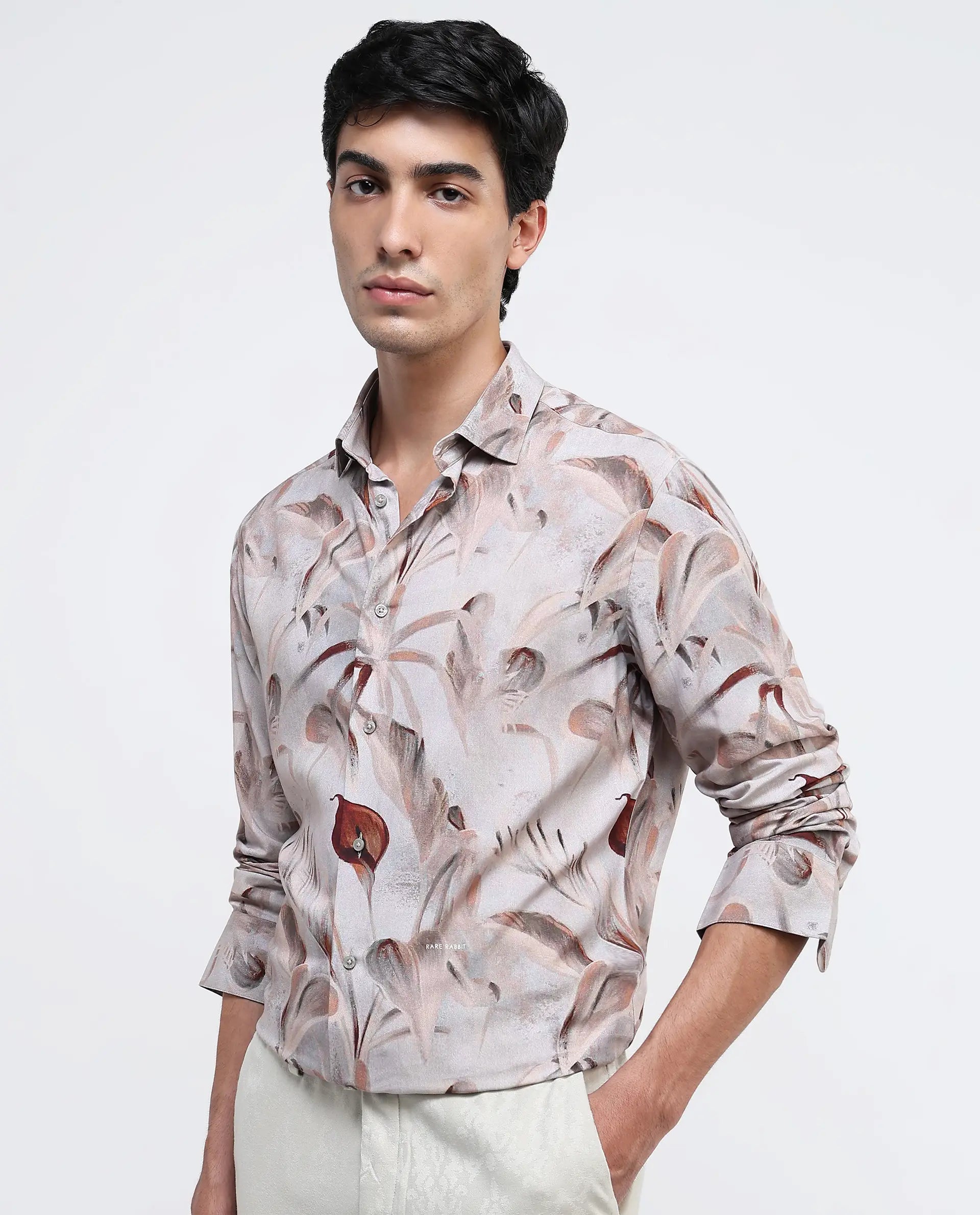 Rare Rabbit Men Bowon-1 Light Brown Cotton Fabric Full Sleeves Tropical Print Shirt