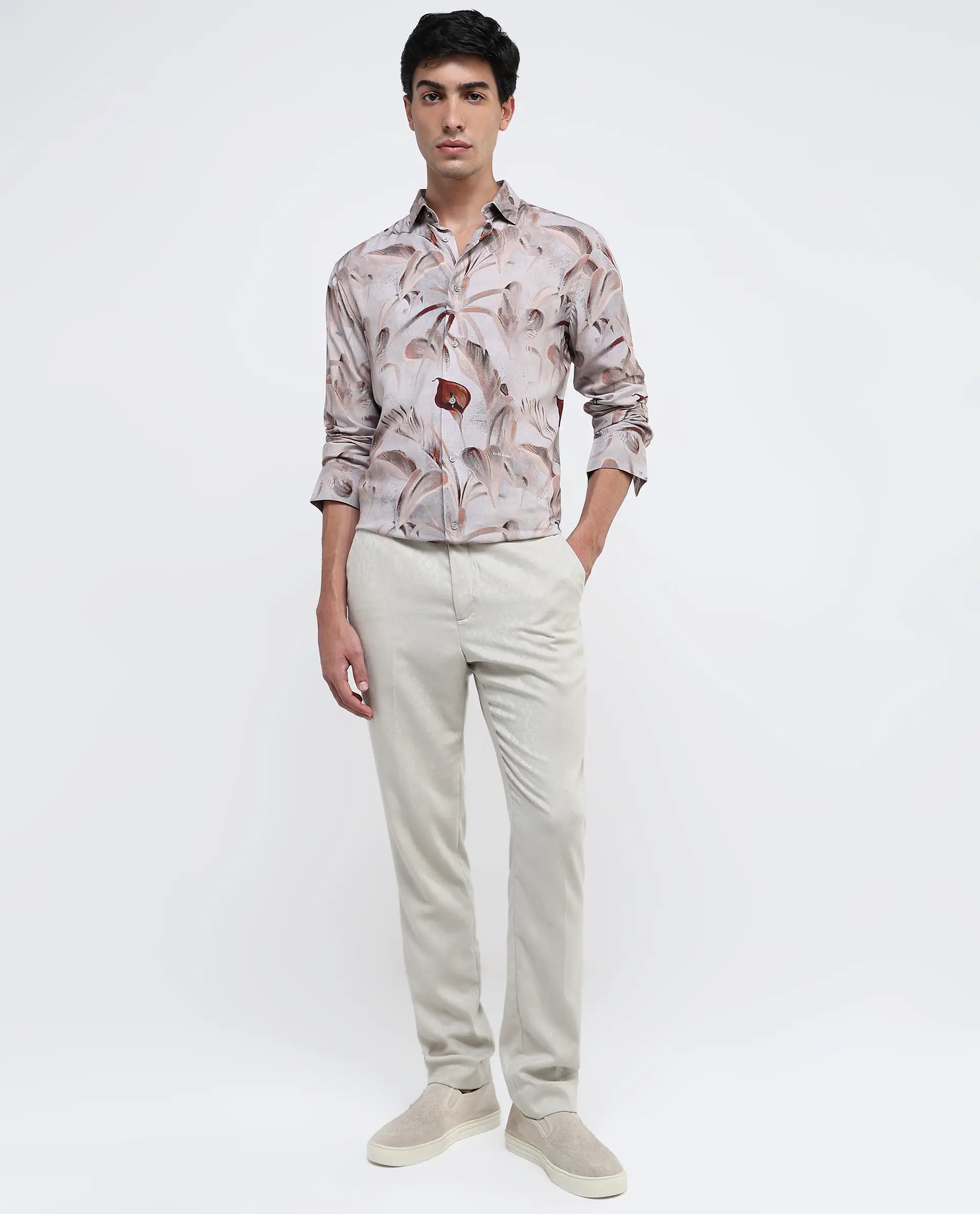 Rare Rabbit Men Bowon-1 Light Brown Cotton Fabric Full Sleeves Tropical Print Shirt