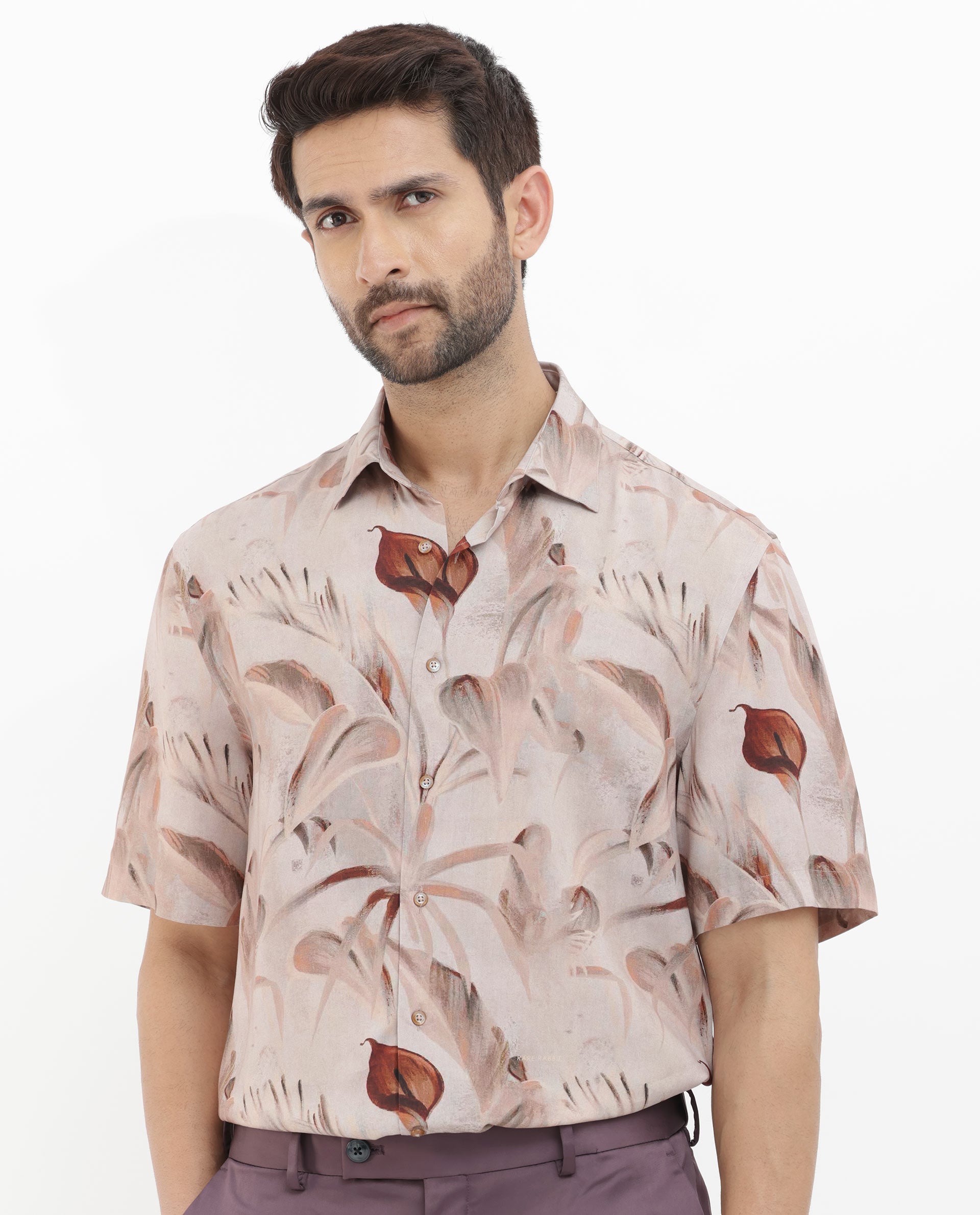 Rare Rabbit Men's Bowon-SS Light Brown Cotton Fabric Half Sleeves Tonal Tropical Print Shirt