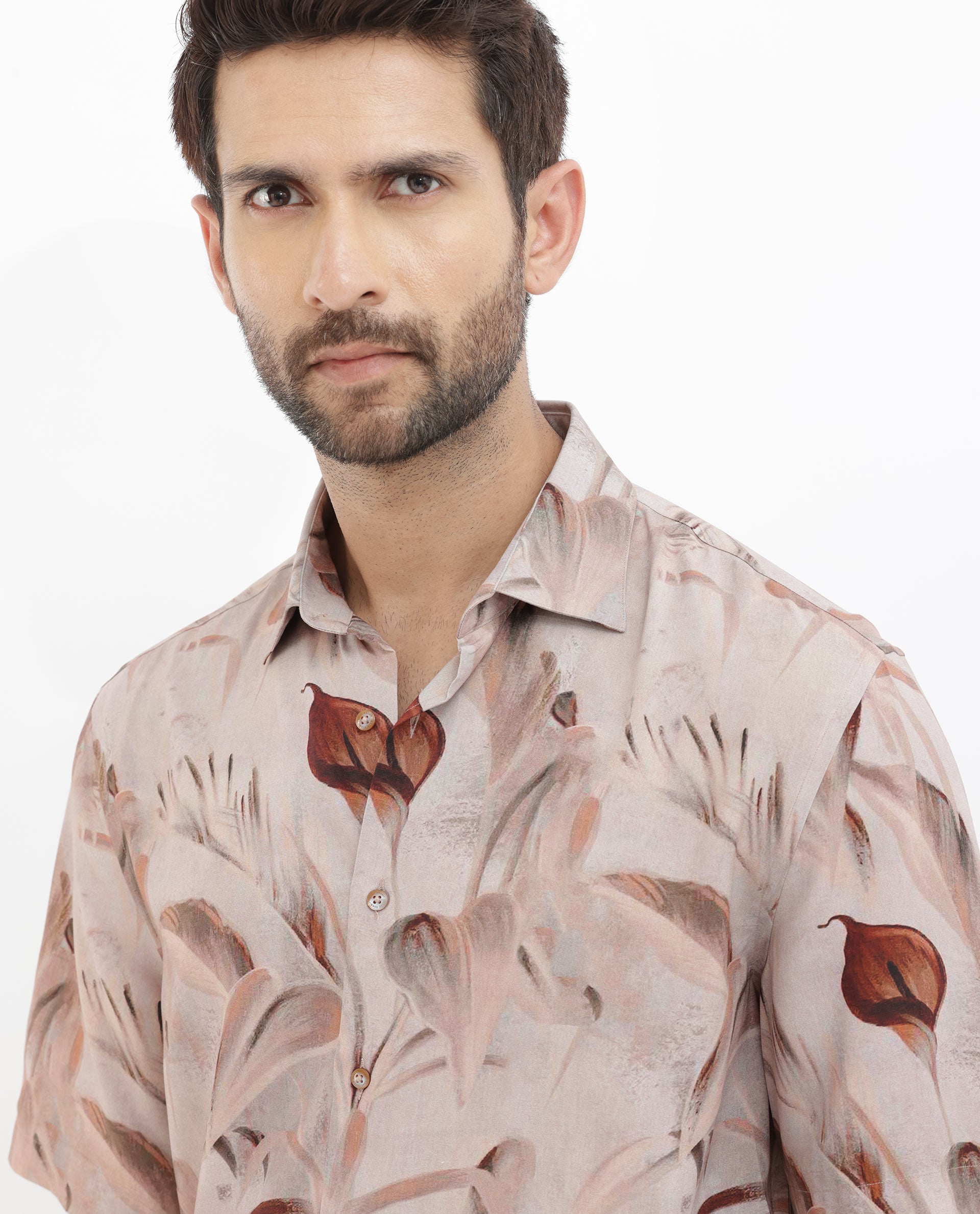 Rare Rabbit Men's Bowon-SS Light Brown Cotton Fabric Half Sleeves Tonal Tropical Print Shirt