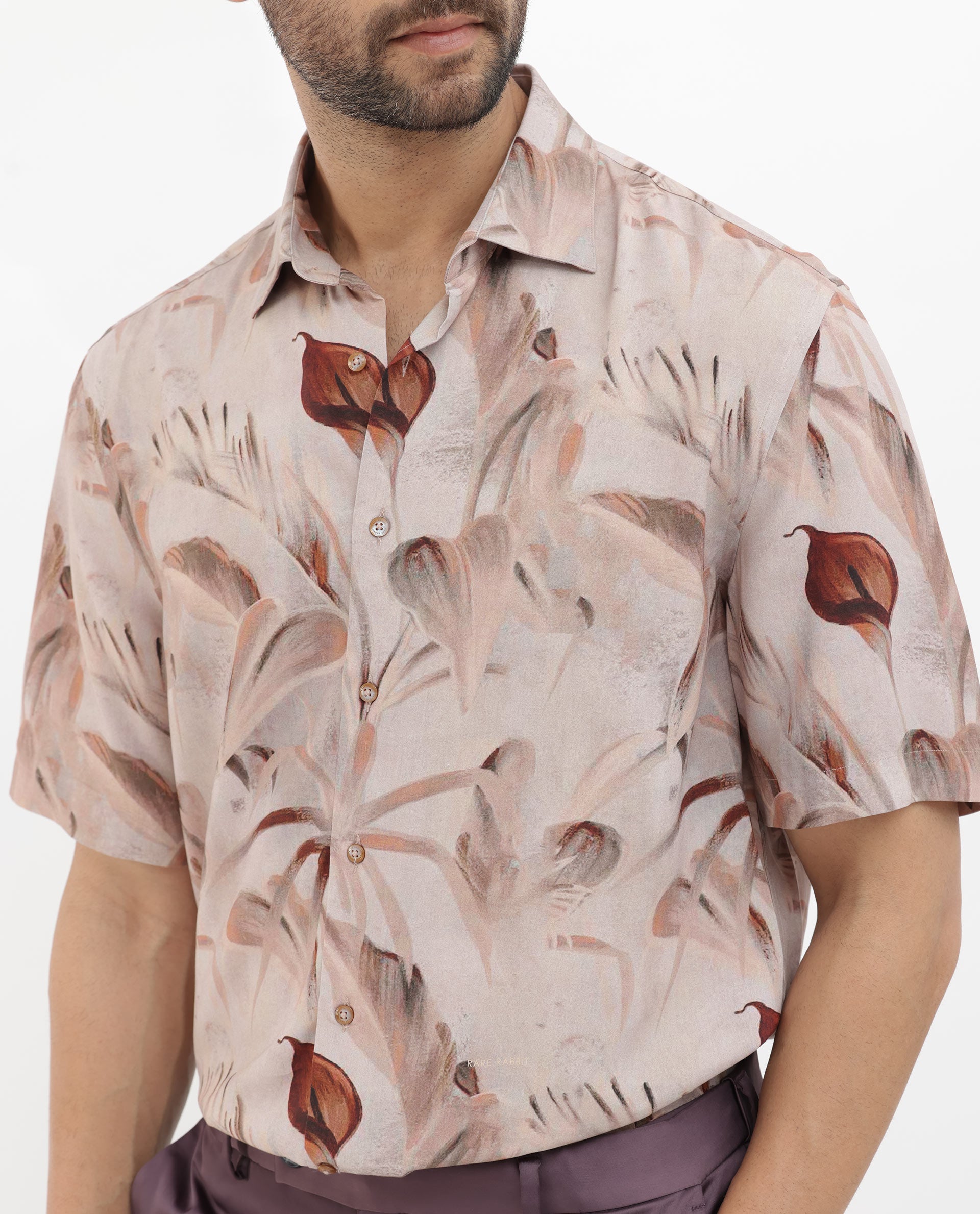 Rare Rabbit Men's Bowon-SS Light Brown Cotton Fabric Half Sleeves Tonal Tropical Print Shirt
