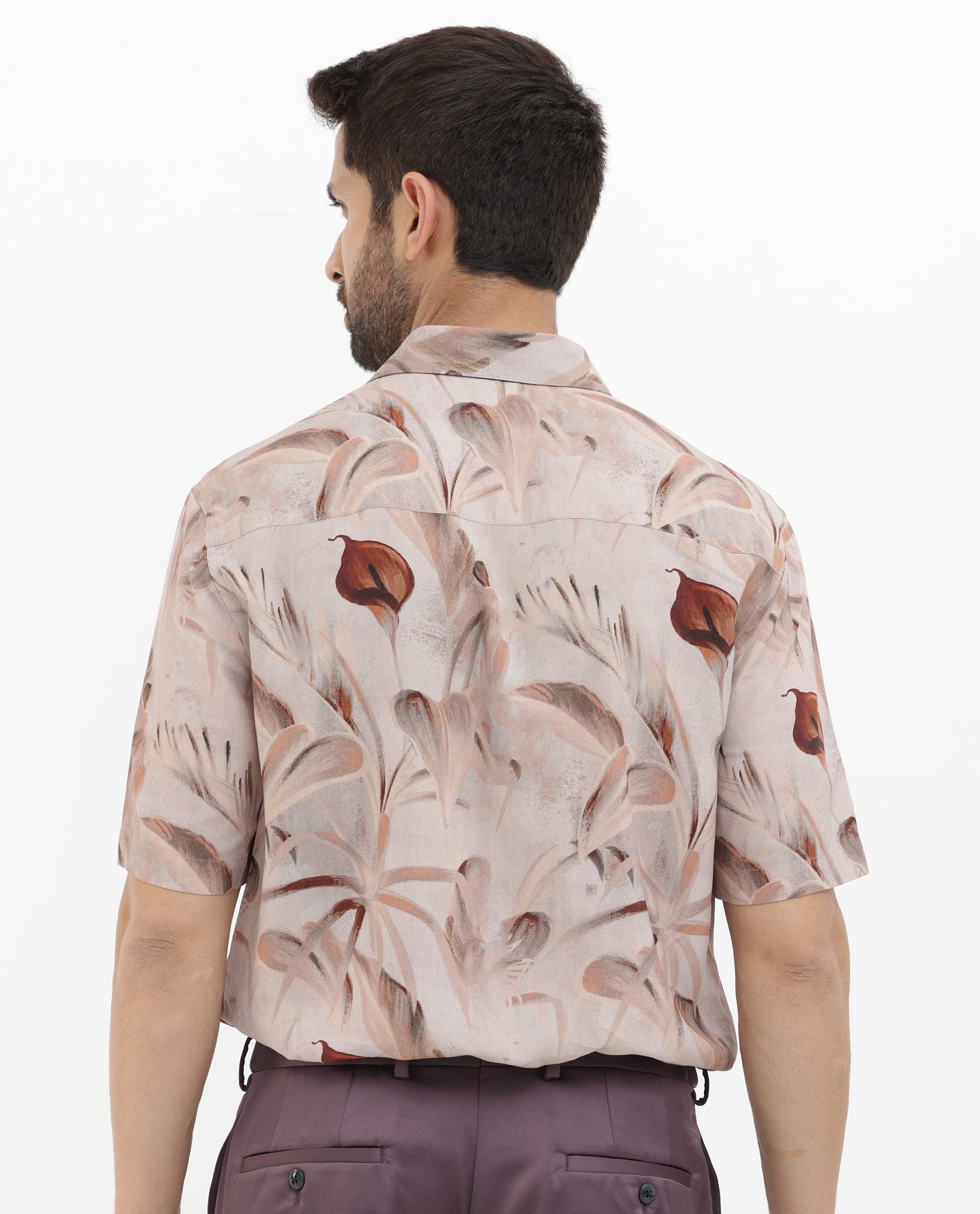 Rare Rabbit Men's Bowon-SS Light Brown Cotton Fabric Half Sleeves Tonal Tropical Print Shirt